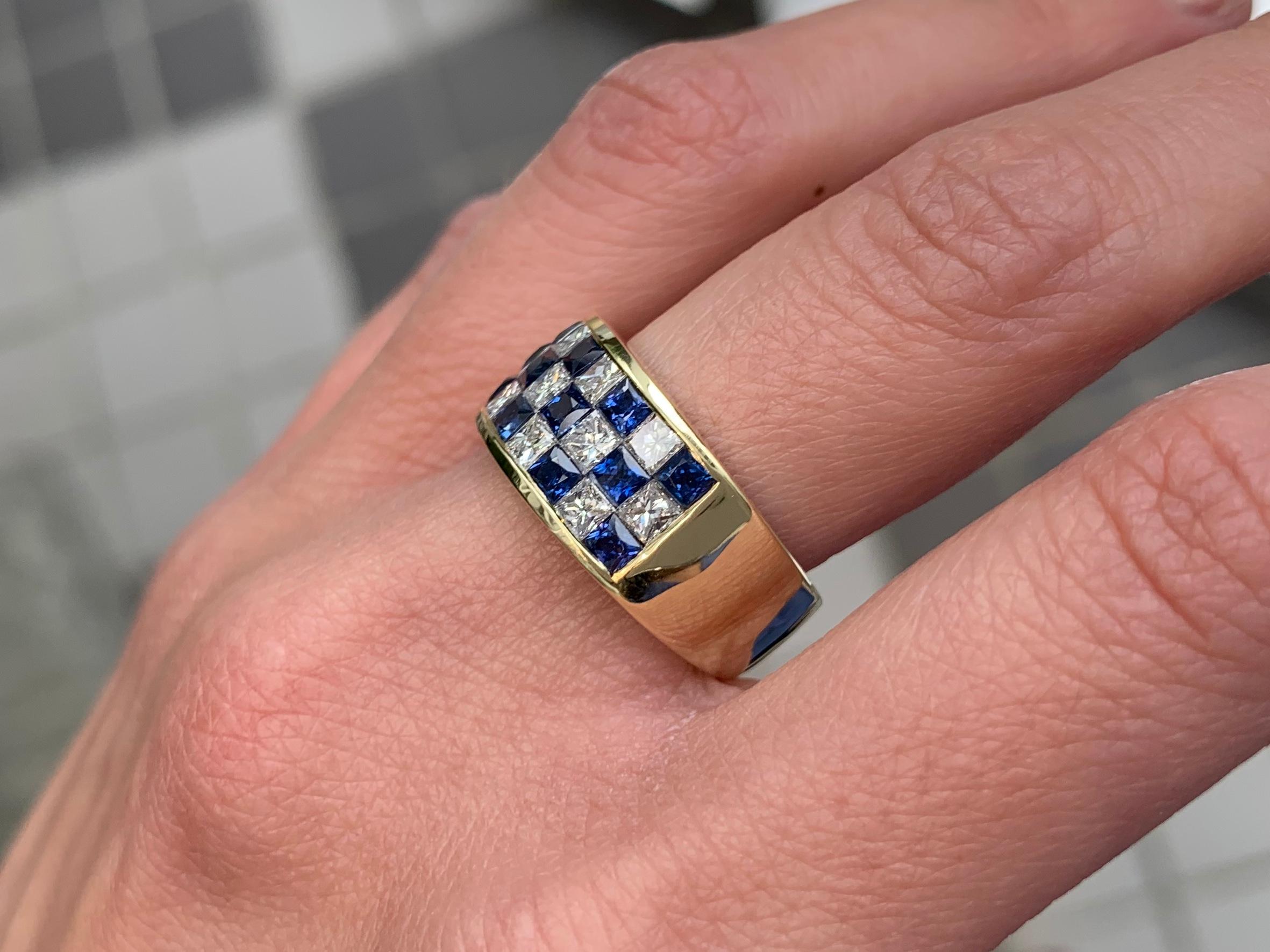 Balogh 18 Karat Diamond and Blue Sapphire Checkerboard Ring For Sale 1