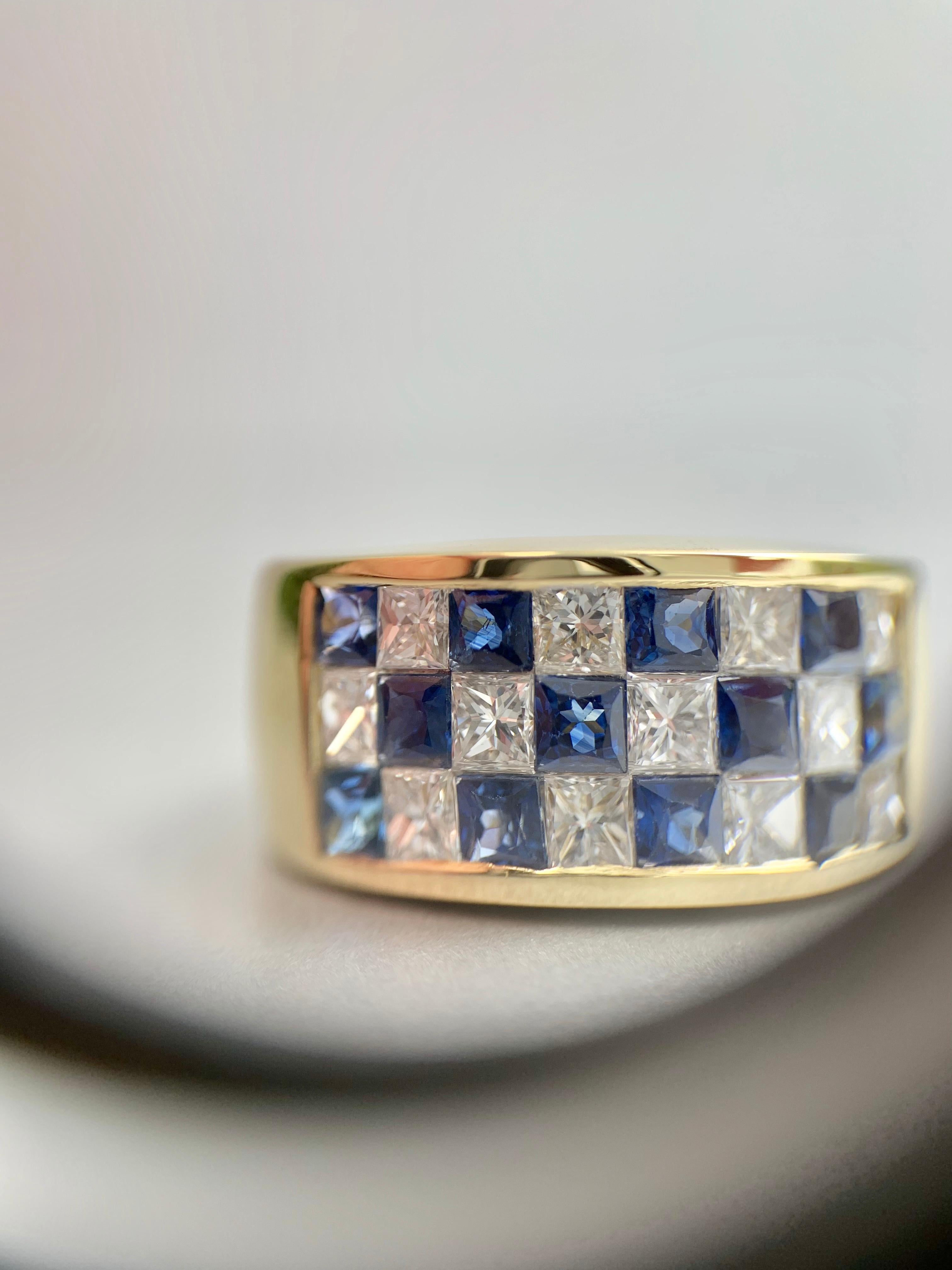 Balogh 18 Karat Diamond and Blue Sapphire Checkerboard Ring For Sale 2