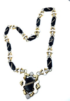 Balogh 18 Karat Long Onyx Enamel and Diamond Sautoir Necklace