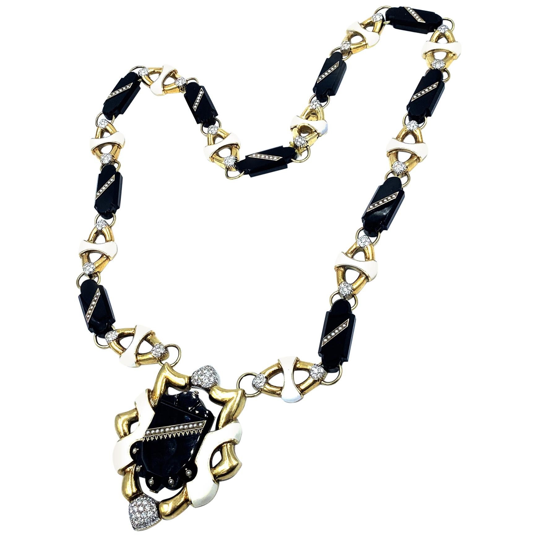 Balogh 18 Karat Long Onyx Enamel and Diamond Sautoir Necklace For Sale