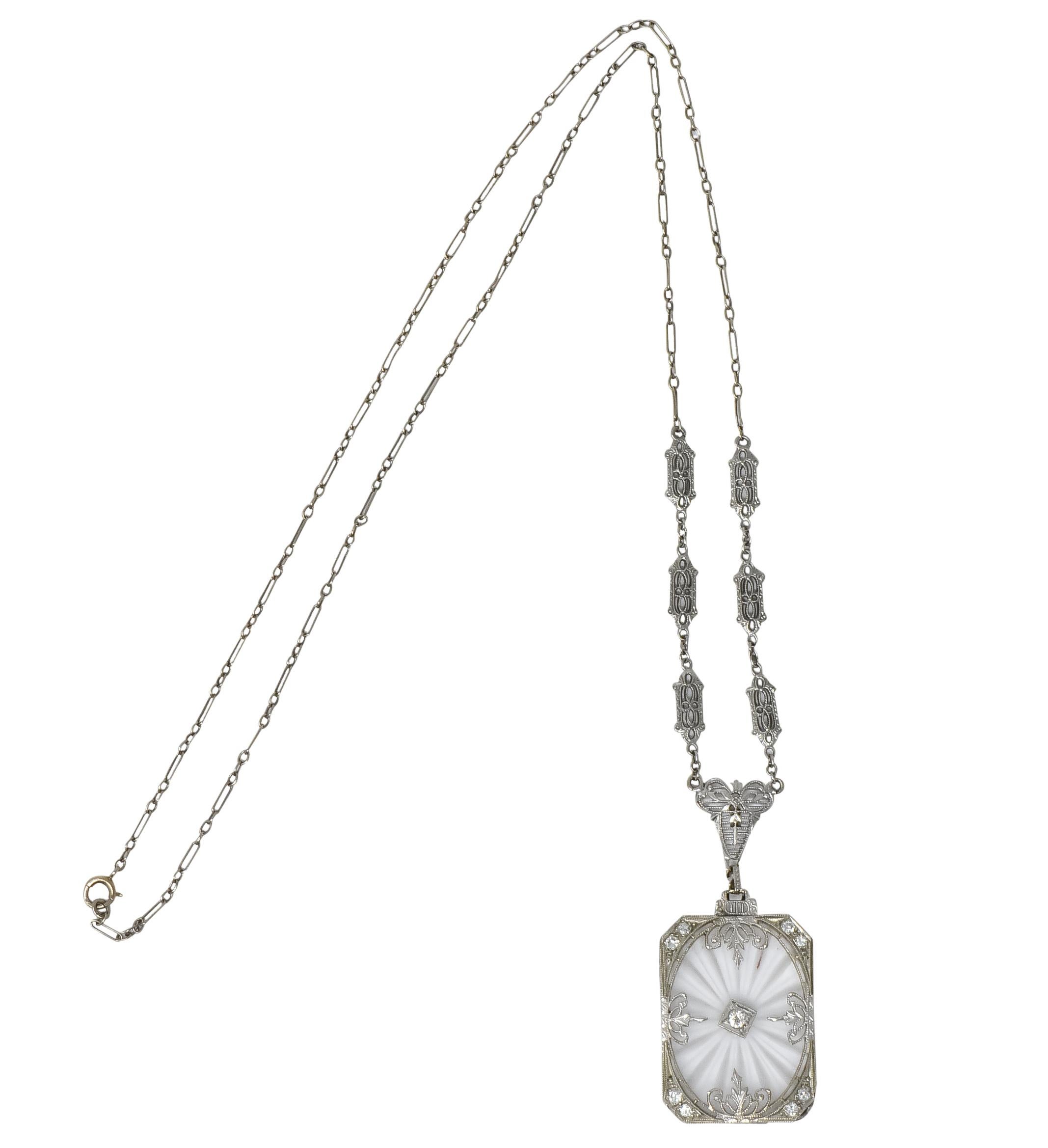 Women's or Men's Balogh Art Deco Camphor Glass Diamond 14 Karat White Gold Necklace