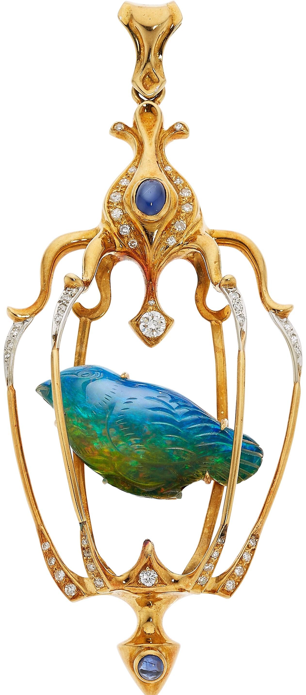 Cabochon Balogh Carved Opal Star Sapphire Diamond 18k Yellow Gold Caged Bird Pendant in vendita