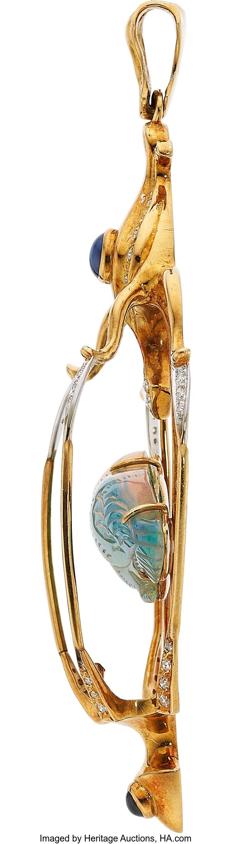 Balogh Carved Opal Star Sapphire Diamond 18k Yellow Gold Caged Bird Pendant in vendita 1