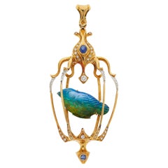 Balogh Carved Opal Star Sapphire Diamond 18k Yellow Gold Caged Bird Pendant