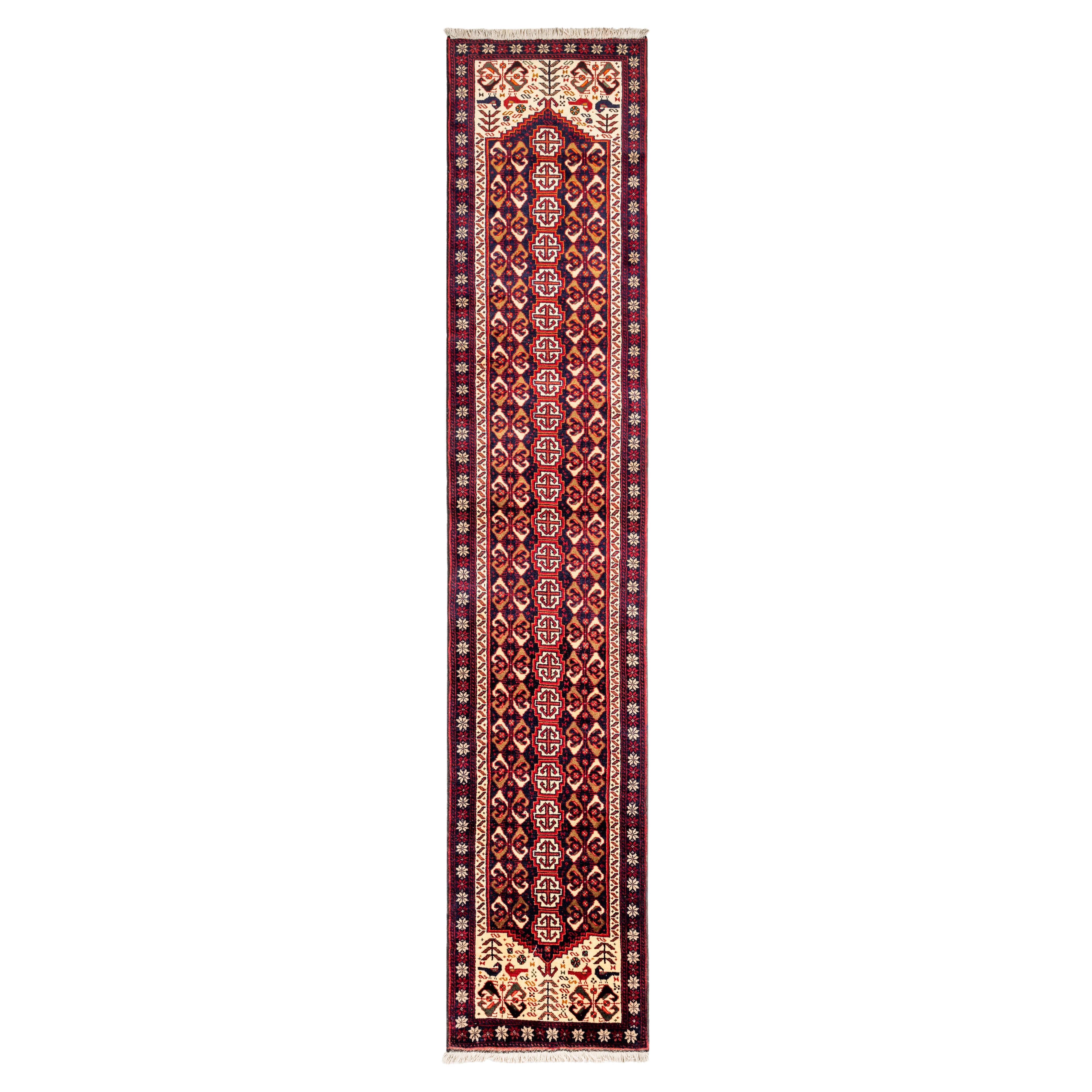 Authentique tapis de couloir persan rouge/ivoire 2' 3" x 11' 9"