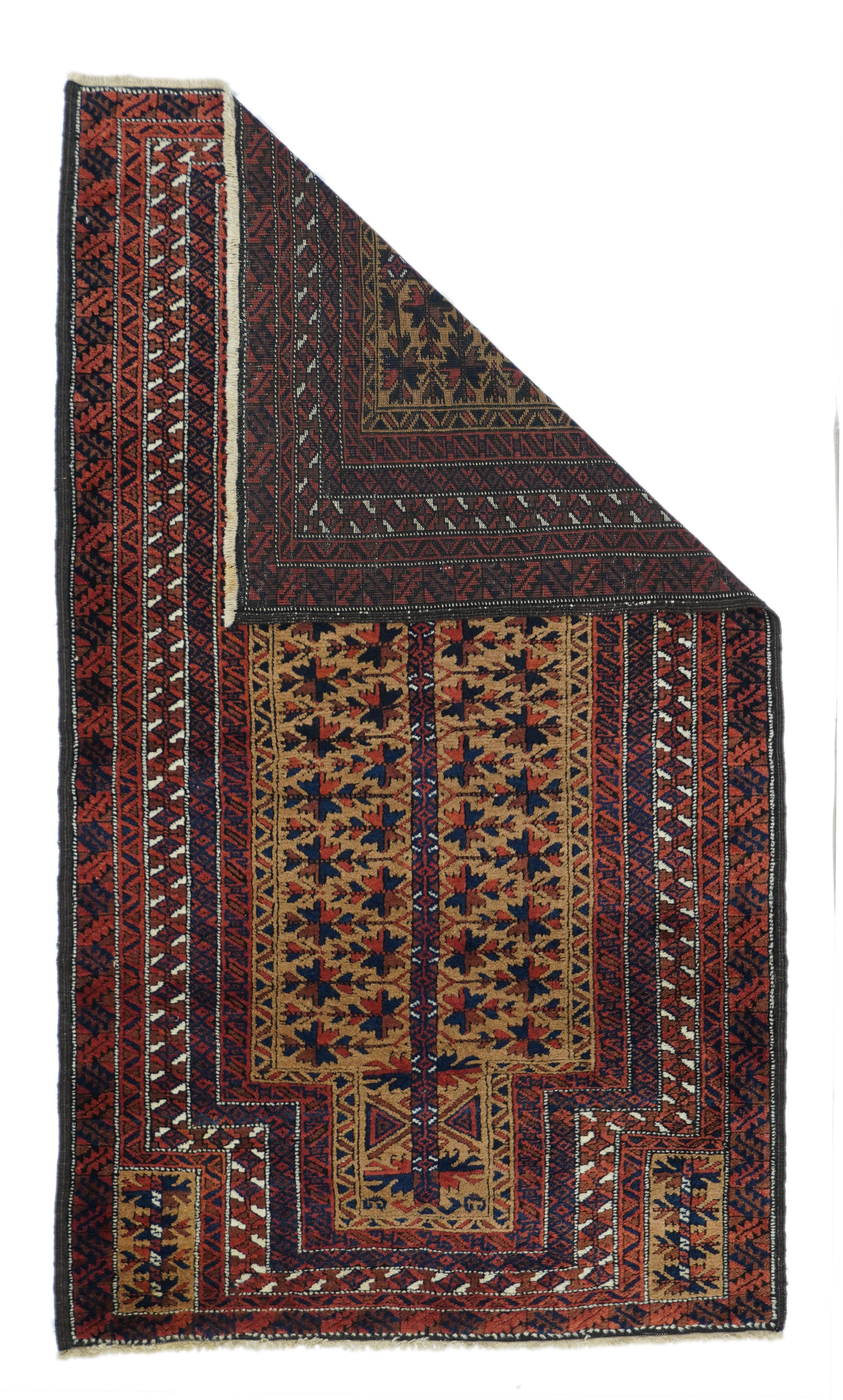 This iconic tribal, all wool piece shows a genuine camel hair, shouldered field with a central “tree of life” with fan flowers at the ends of the branches. Similar flowers in the camel hand panels. Conforming tegbent border and as main surround of