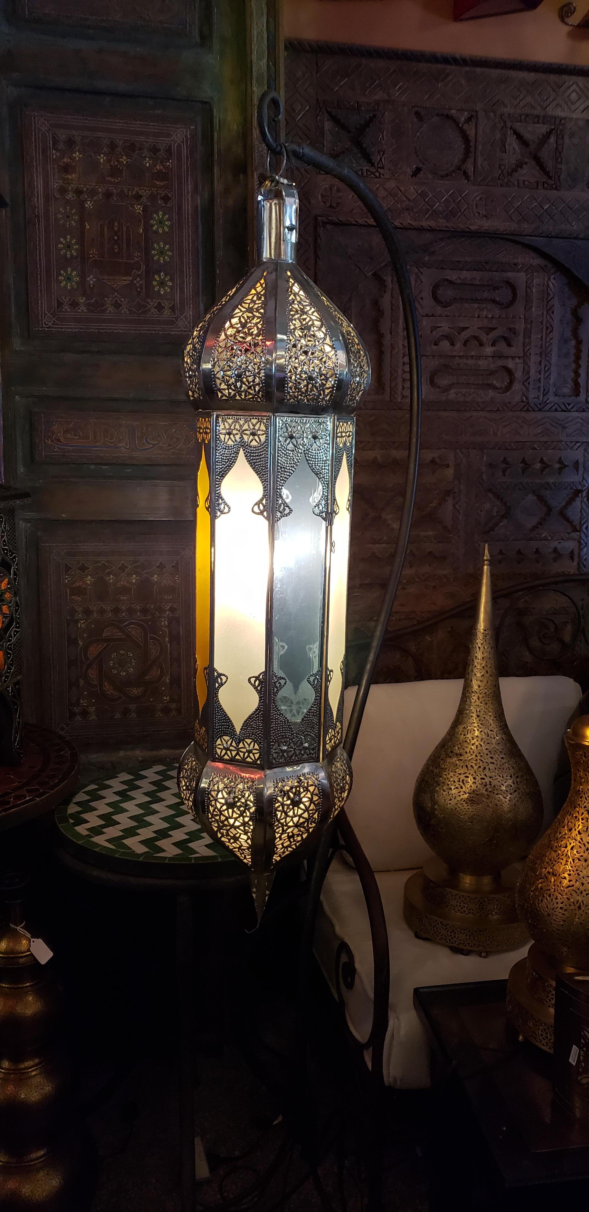 Hammered Balouta Handmade Moroccan Lantern, Yellow, Blue and Frosty White Glass For Sale