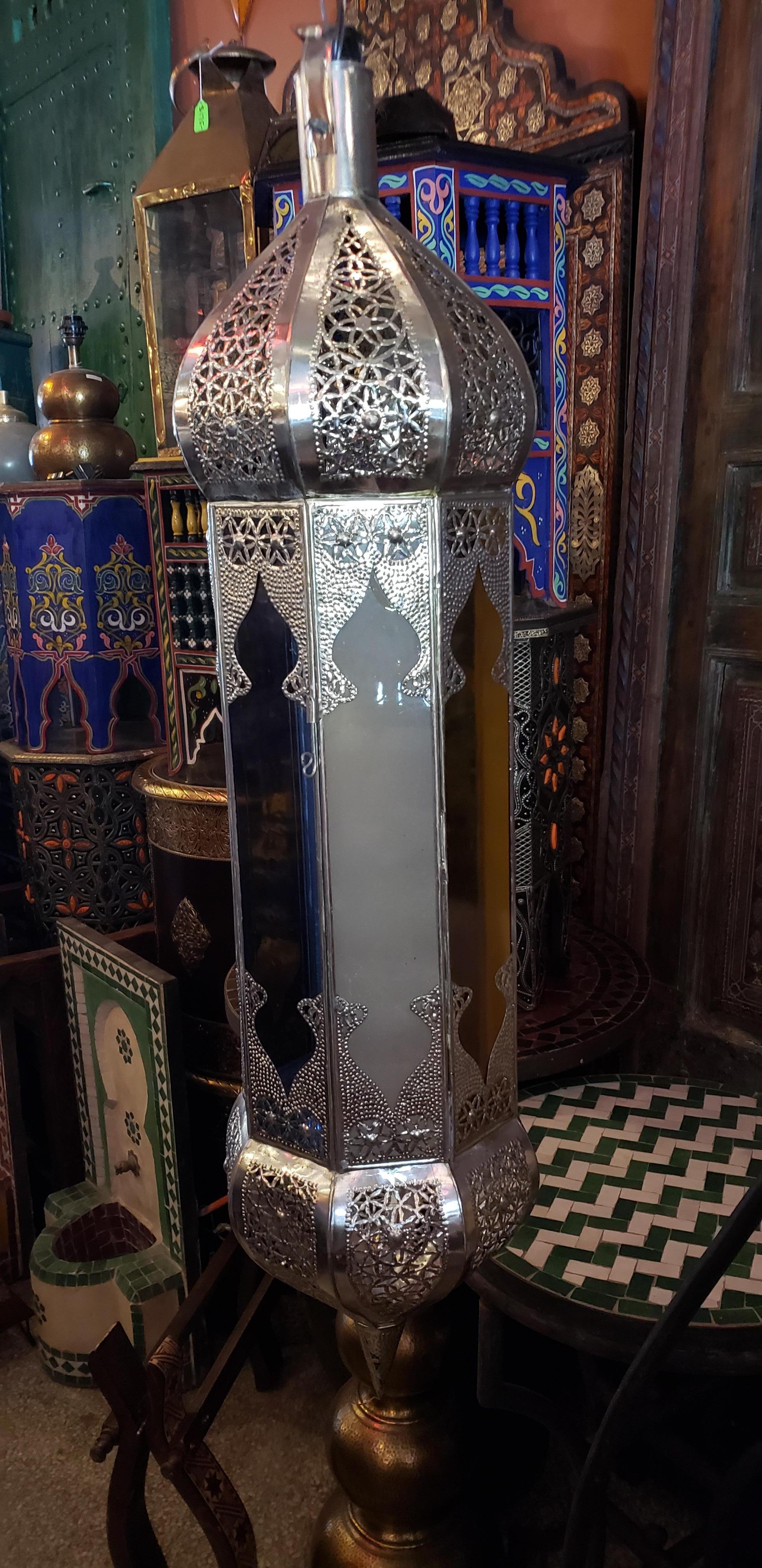 Contemporary Balouta Handmade Moroccan Lantern, Yellow, Blue and Frosty White Glass For Sale