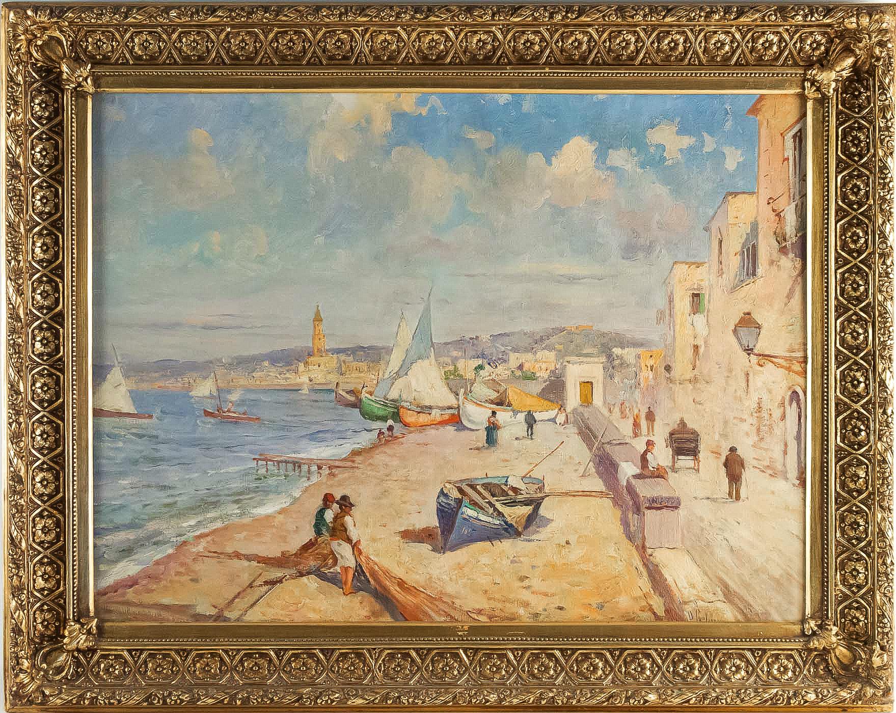An excellent oil on canvas depicting an Italian Marine Landscape of the 1910s. 
Exciting writing of this very appreciated estimated young painter.

Our painting in fine original condition signed on a lower right, and it is in its original