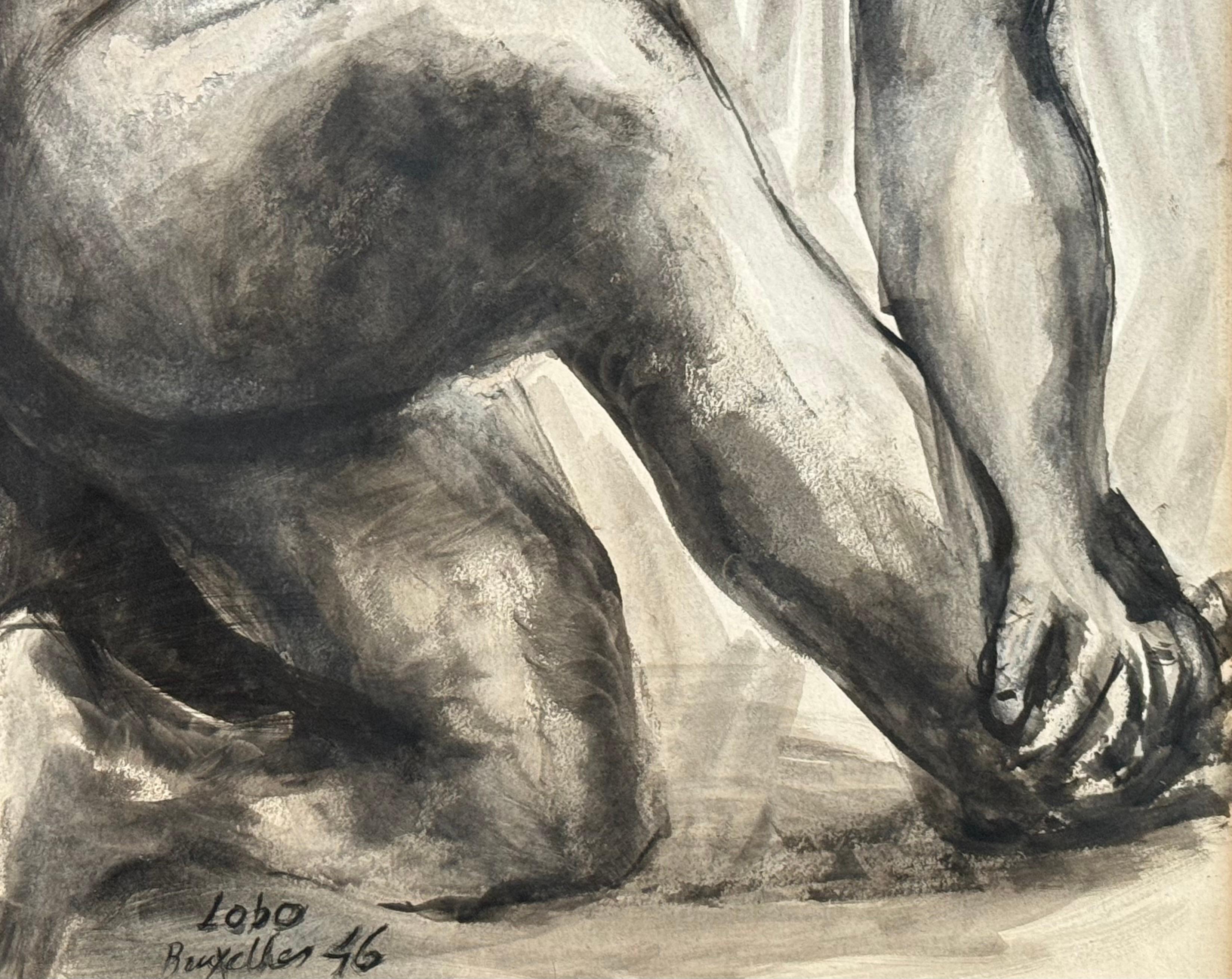 Baltasar Lobo 1946 Nudo femminile seduto Figura astratta Guazzo e inchiostro su carta in vendita 3