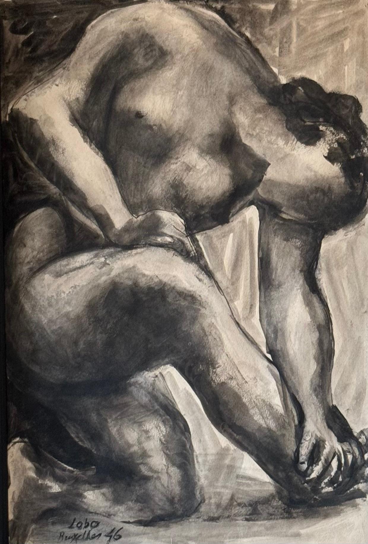Baltasar Lobo 1946 Nudo femminile seduto Figura astratta Guazzo e inchiostro su carta in vendita 1