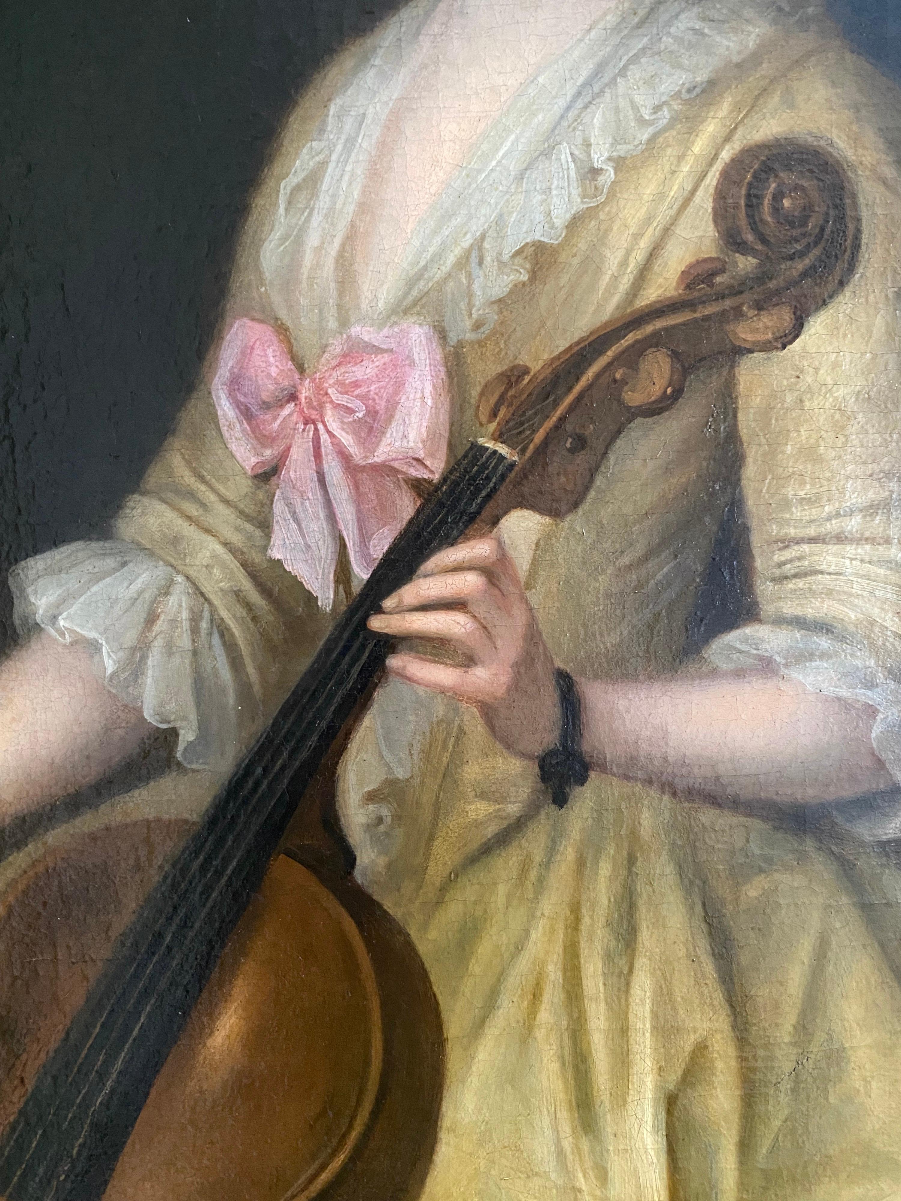 Porträt der Tochter der Künstlerin, Catharina, die Klavier spielt, aus dem 18. Jahrhundert (Braun), Interior Painting, von Balthasar Denner 