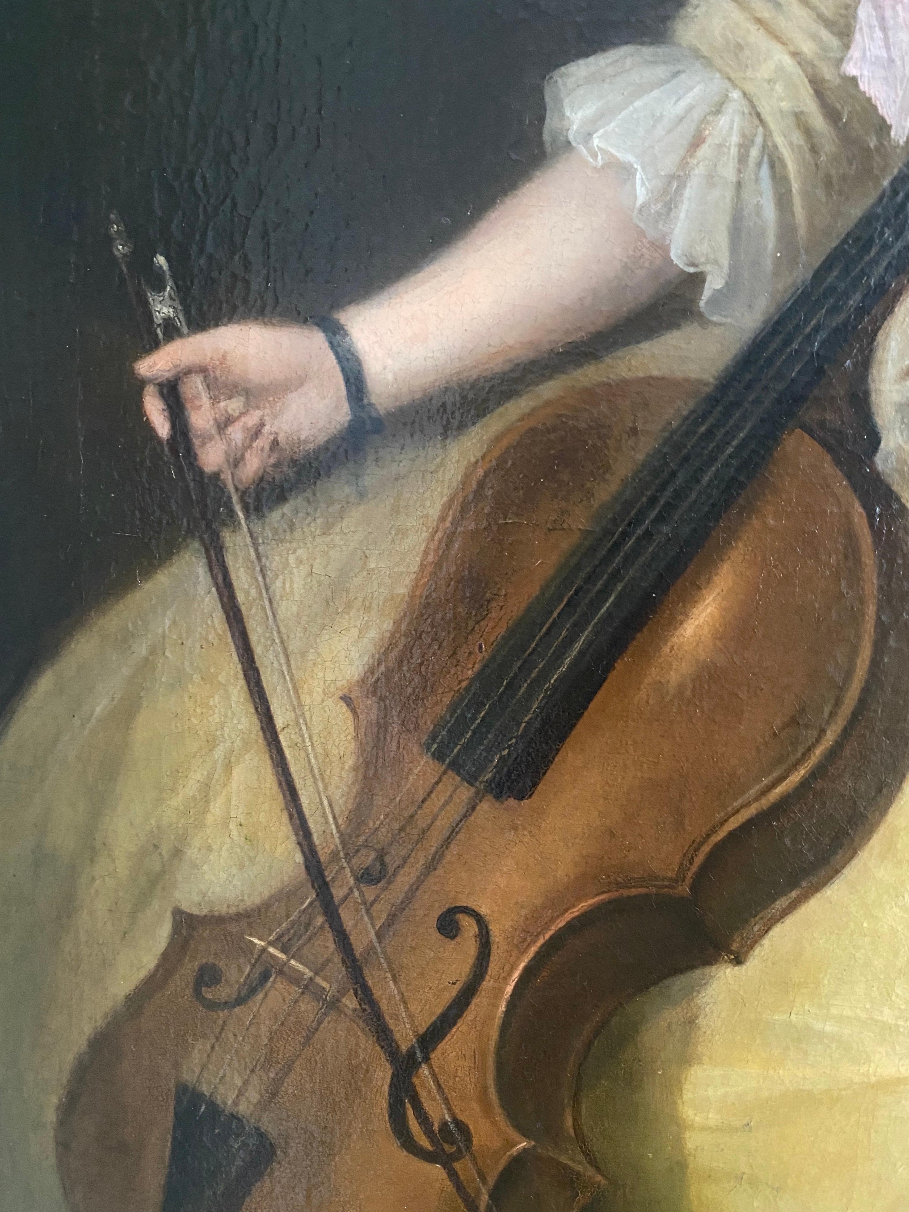 Bei der Dargestellten, die in einem gelben Seidenkleid mit rosa Schleife sitzt und Cello spielt, handelt es sich vermutlich um die älteste Tochter Catharina (1715-1744) des Künstlers Balthazar Denner, der 1712 in Hamburg Esther Winter geheiratet