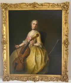 Antique 18th century portrait of the artist’s daughter, Catharina, playing the cello