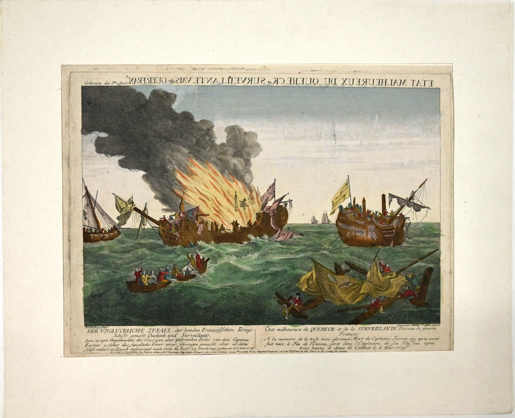 El Quebec y el Surveillante [una escena animada de batalla naval]. - Print de Balthasar Friedrich Leizelt