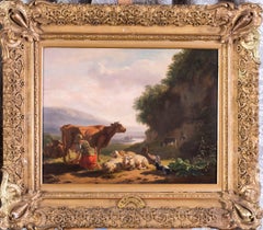 An early 19th Century Flemish landscape, 'A milkmaid at dusk' by Ommeganck