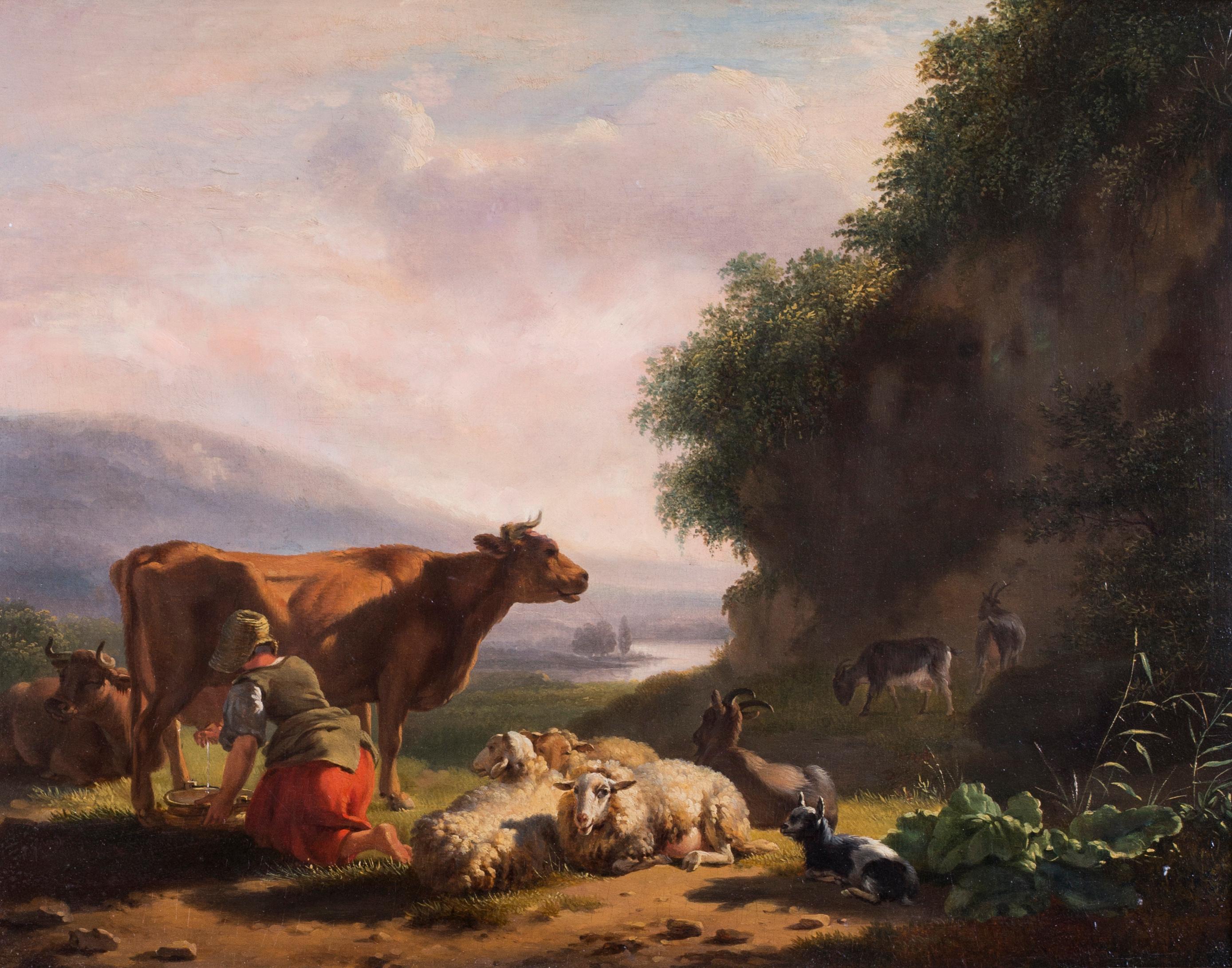 Balthasar Paul Ommeganck Animal Painting - An early 19th Century Flemish landscape, 'A milkmaid at dusk' by Ommeganck