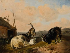 Balthazar Paul Ommeganck - Peinture à l'huile du XIXe siècle, « Famille de chèvres »
