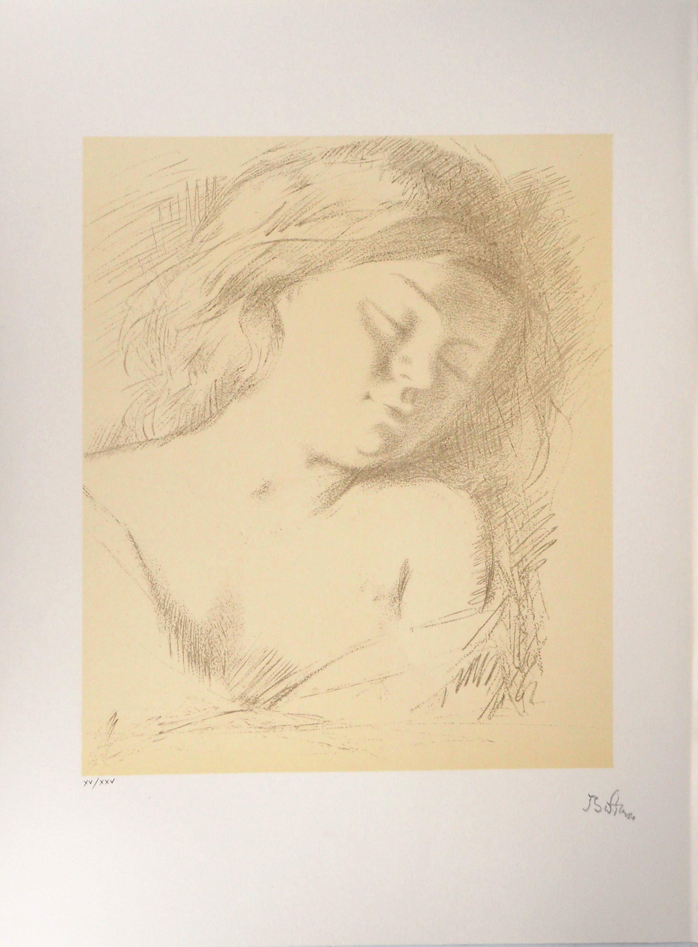 Portrait d'une jeune fille endormie - Lithographie originale signée à la main - Print de Balthus
