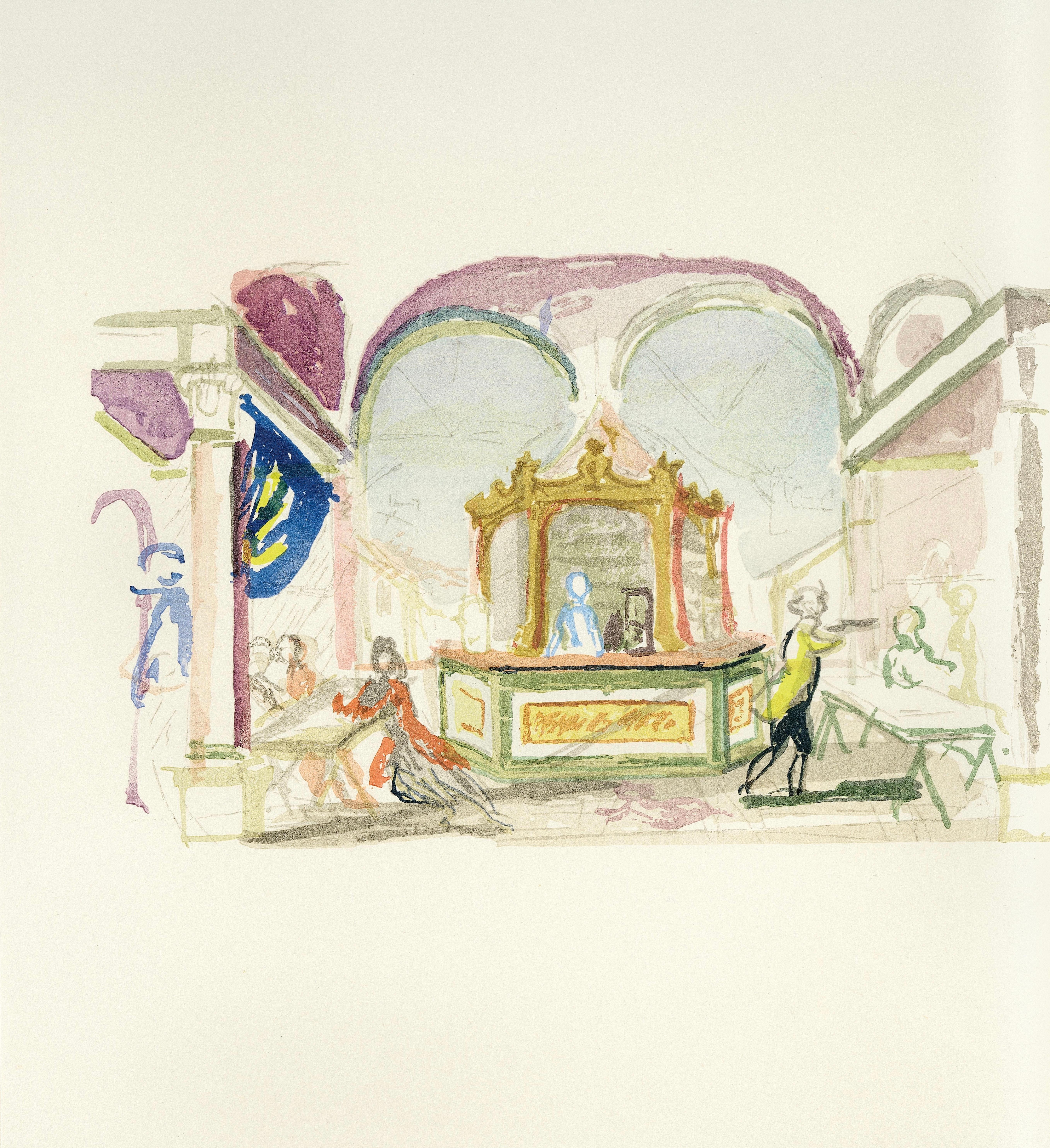 Gravure sur bois en couleurs sur papier vélin. Taille du papier : 19 x 18 pouces. Inscription : Non signé et non numéroté, tel que publié. Notes : Extrait de l'album Così fan tutte. Dramma giocoso in due atti. Musica di Wolfgang Amadeus Mozart,