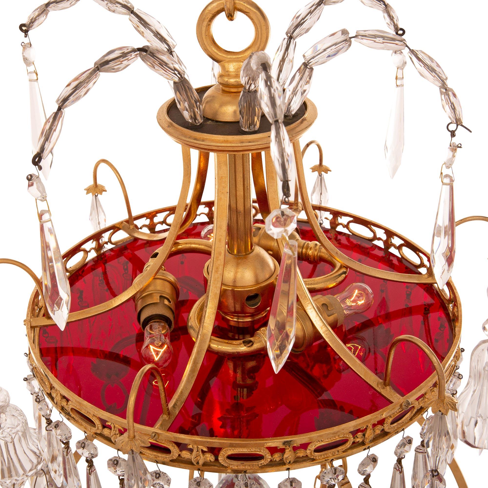 Neoclassical Baltic 19th Century Neo-Classical St. Ormolu, Crystal And Red Glass Chandelier For Sale