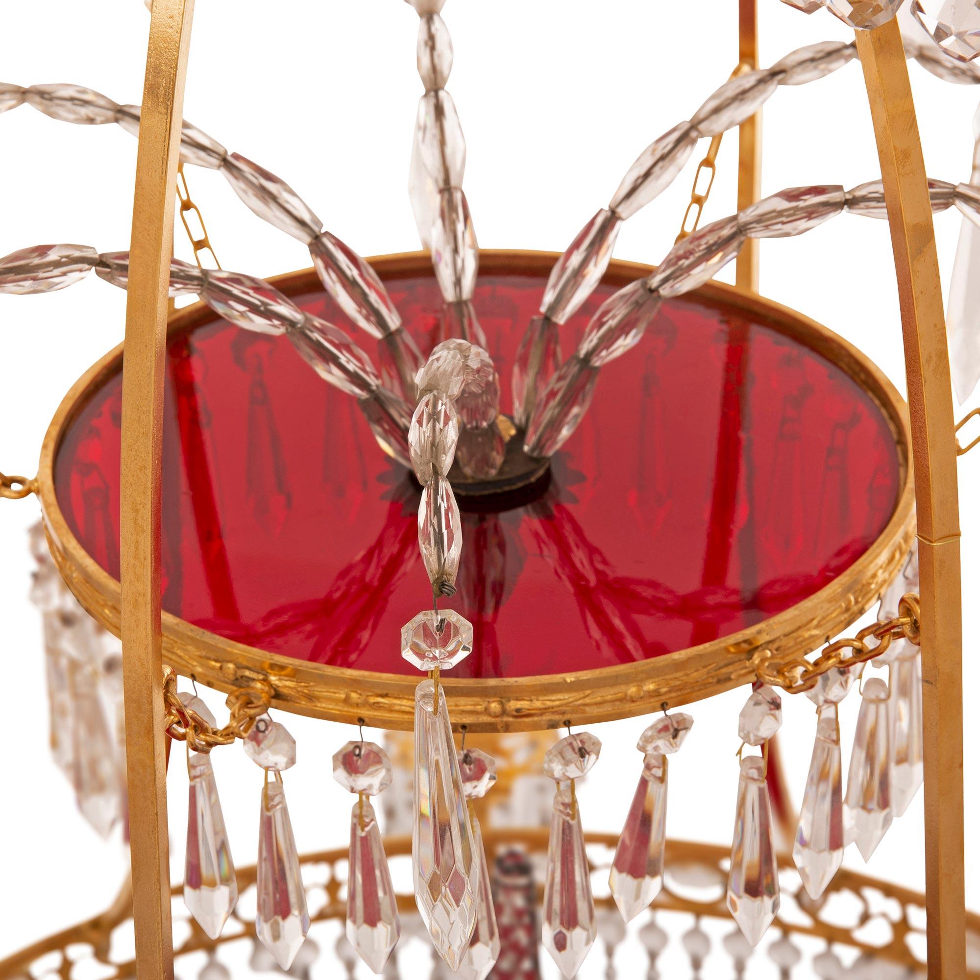 Baltic 19th Century Neo-Classical St. Ormolu, Crystal And Red Glass Chandelier In Good Condition For Sale In West Palm Beach, FL