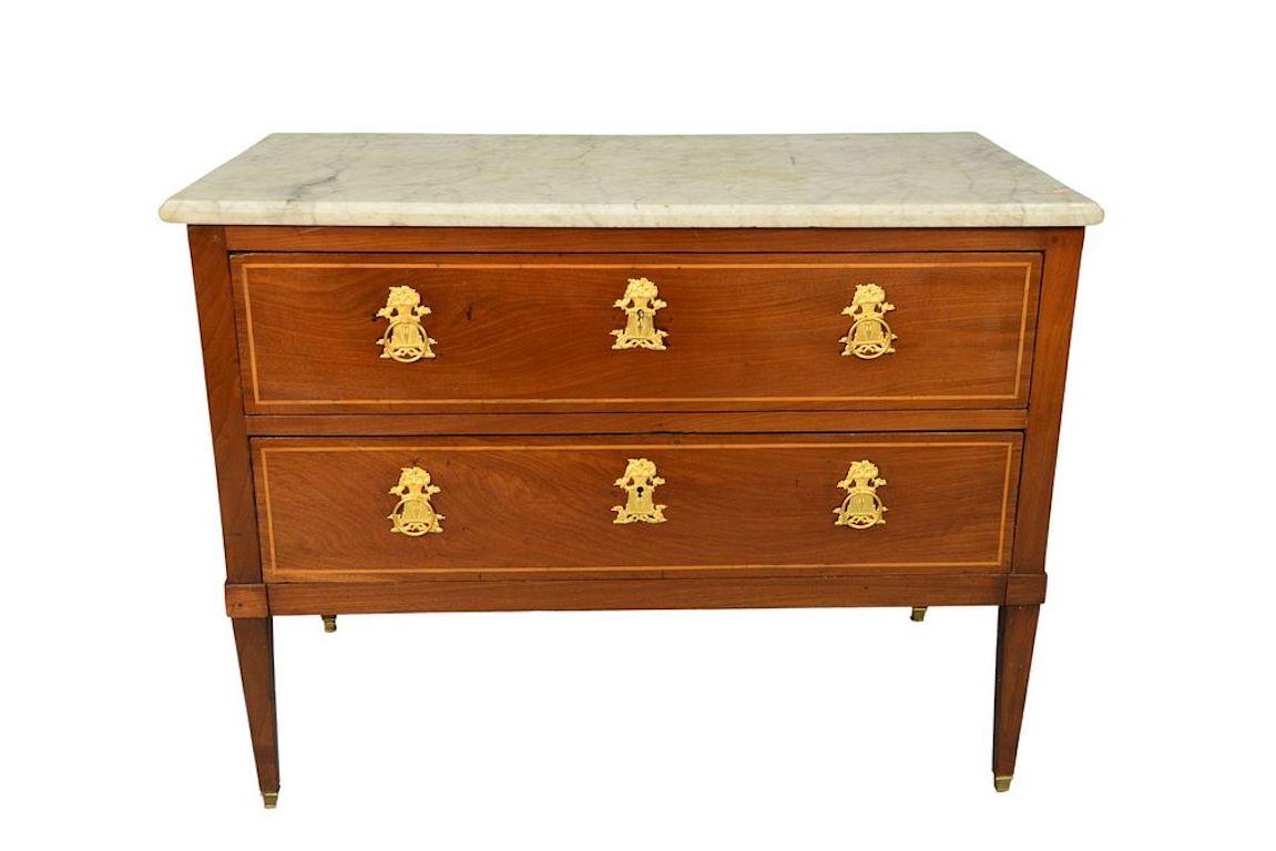 Period marble-top mahogany commode. Baltic neoclassical. Original marble. Original ormolu pulls.