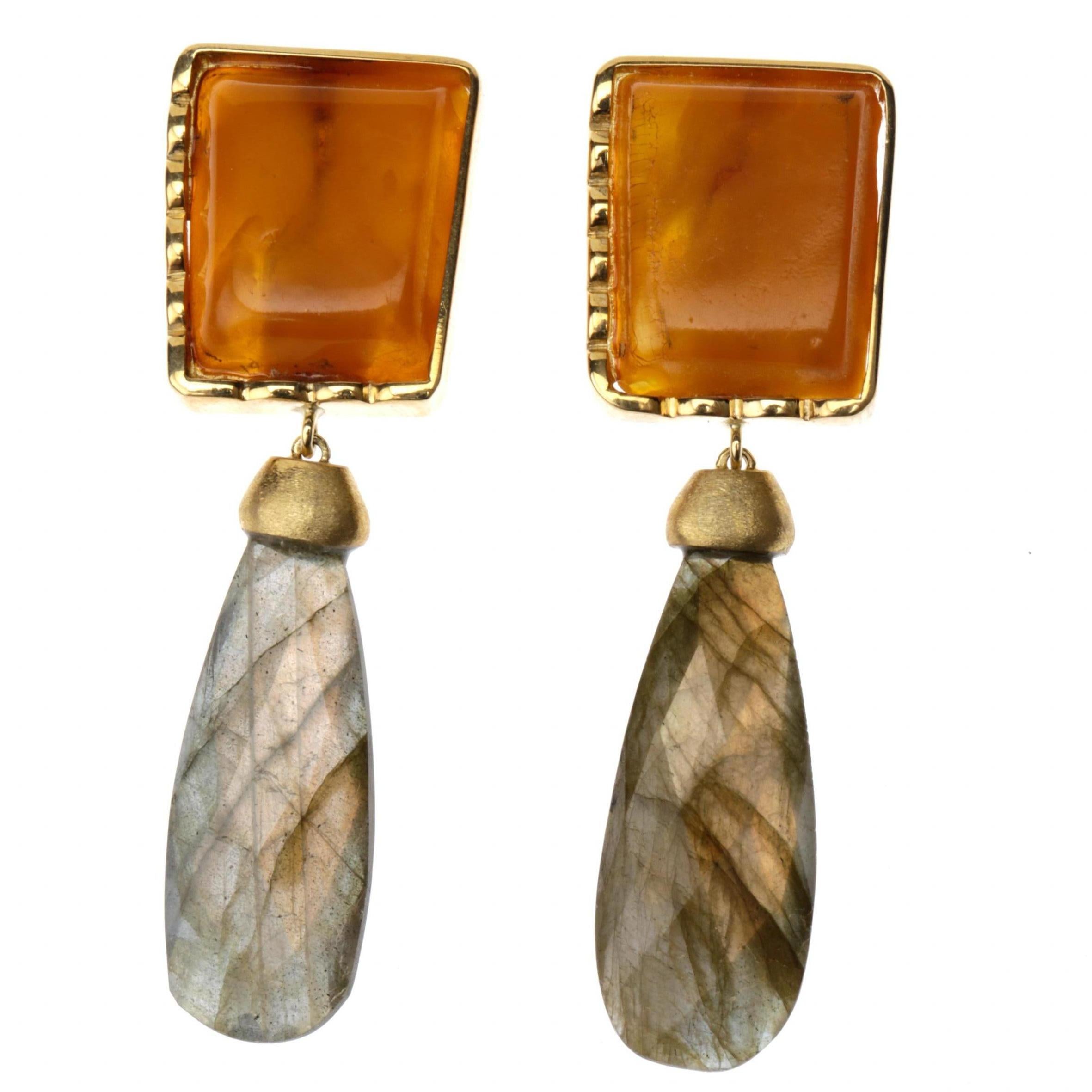 Antiques baltic Amber 18k Gold  gr.13,80 labradorite  faced drops length 6cm.
All Giulia Colussi jewelry is new and has never been previously owned or worn. Each item will arrive at your door beautifully gift wrapped in our boxes, put inside an