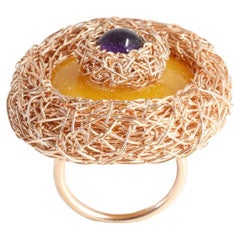 Baltic Amber and Amethyst Cocktail Ring 14 K in Gold F. by Artist