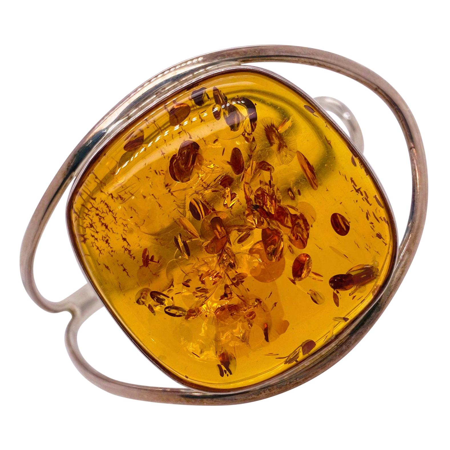 Baltic Amber Bracelet Cuff Design, Large Amber w Natural Spangles in Sterling