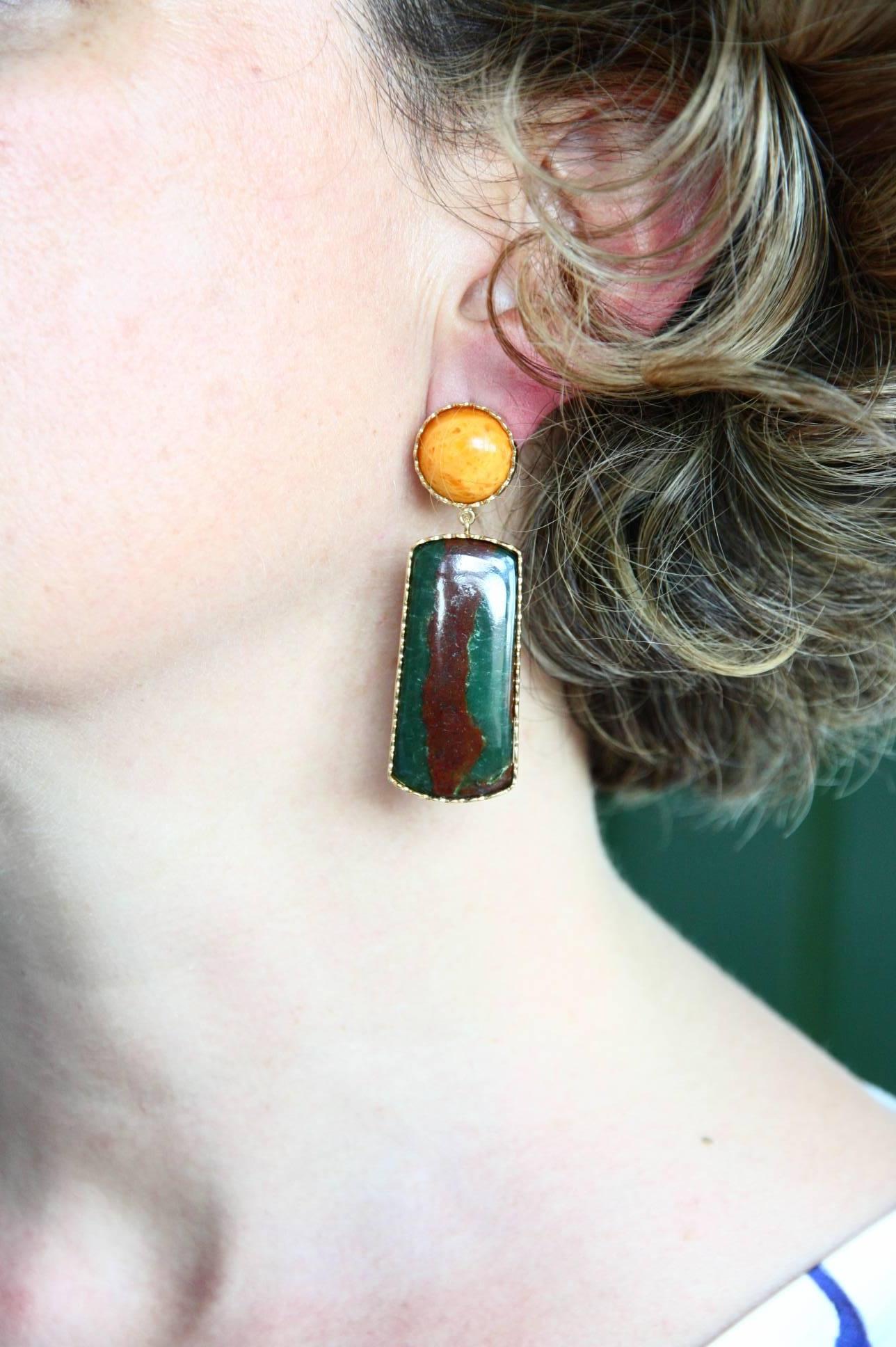 Baltic Amber Jasper 18 Karat Gold Earrings For Sale 1