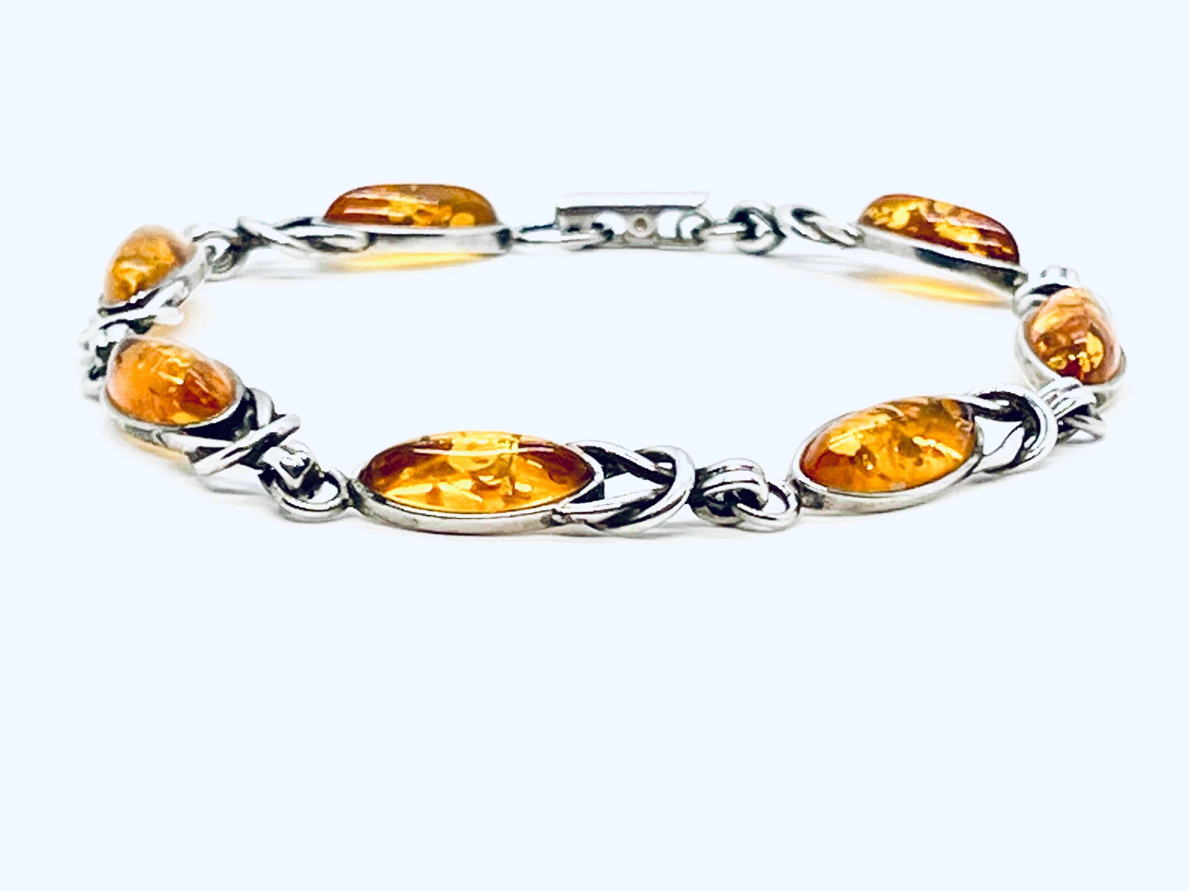 Baltic Amber Marquise Cabochon 925 Silver Link Bracelet  For Sale 5