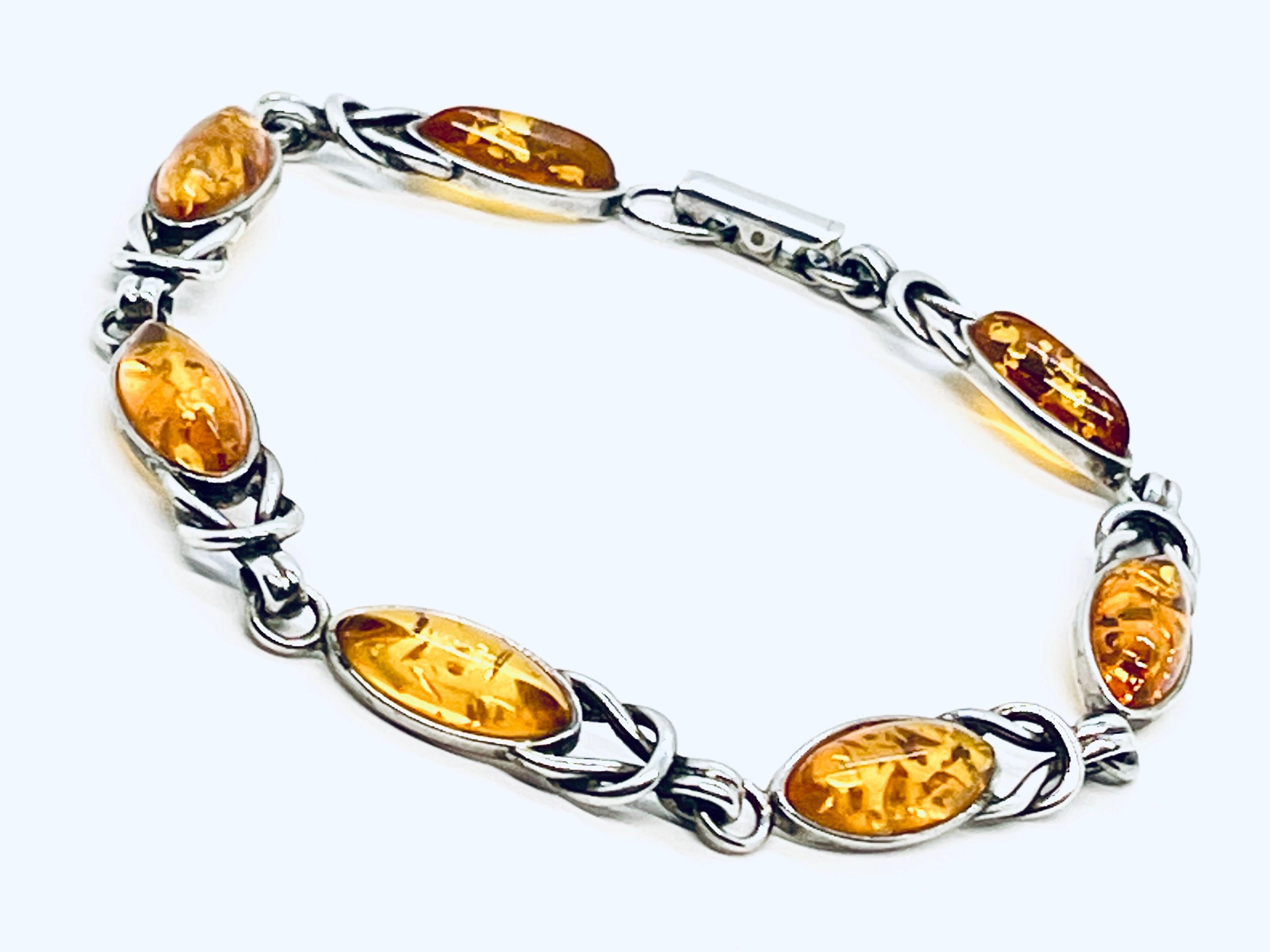 Baltic Amber Marquise Cabochon 925 Silver Link Bracelet For Sale 6