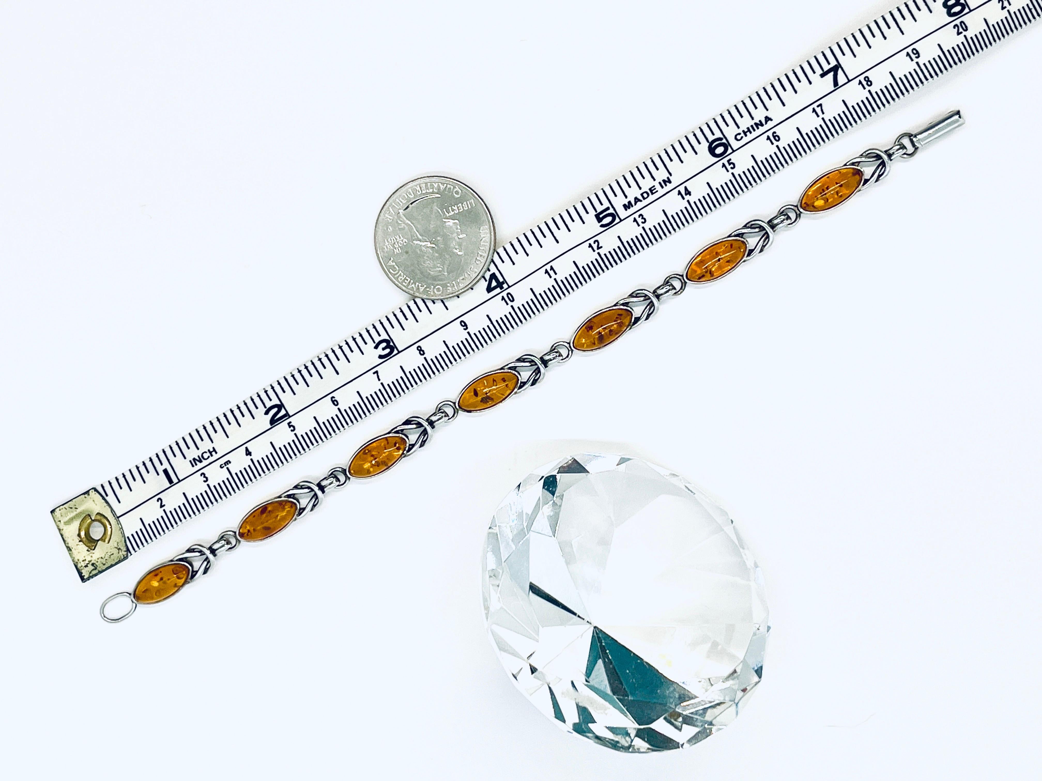 Native American Baltic Amber Marquise Cabochon 925 Silver Link Bracelet  For Sale