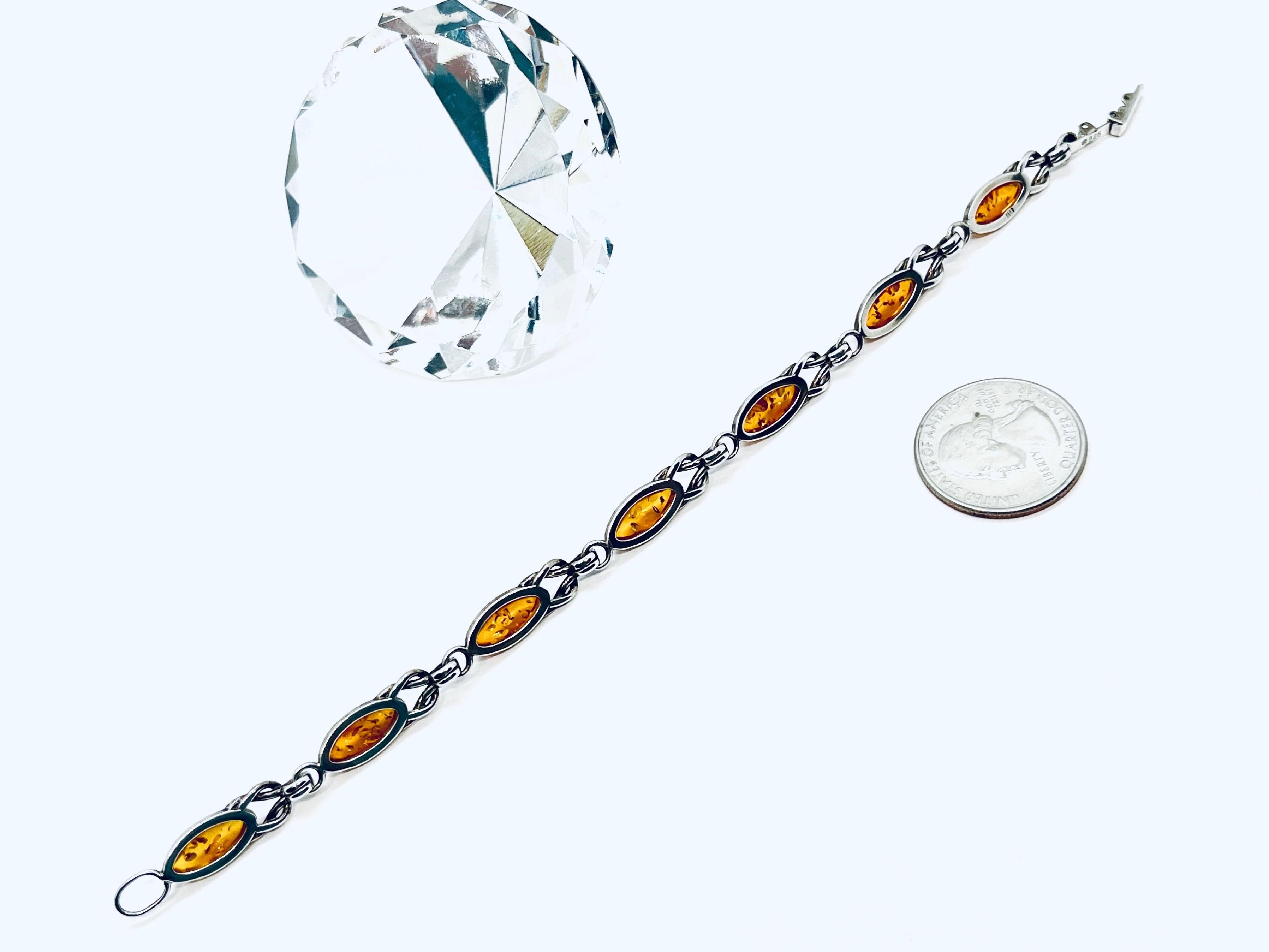 Baltic Amber Marquise Cabochon 925 Silver Link Bracelet  For Sale 1