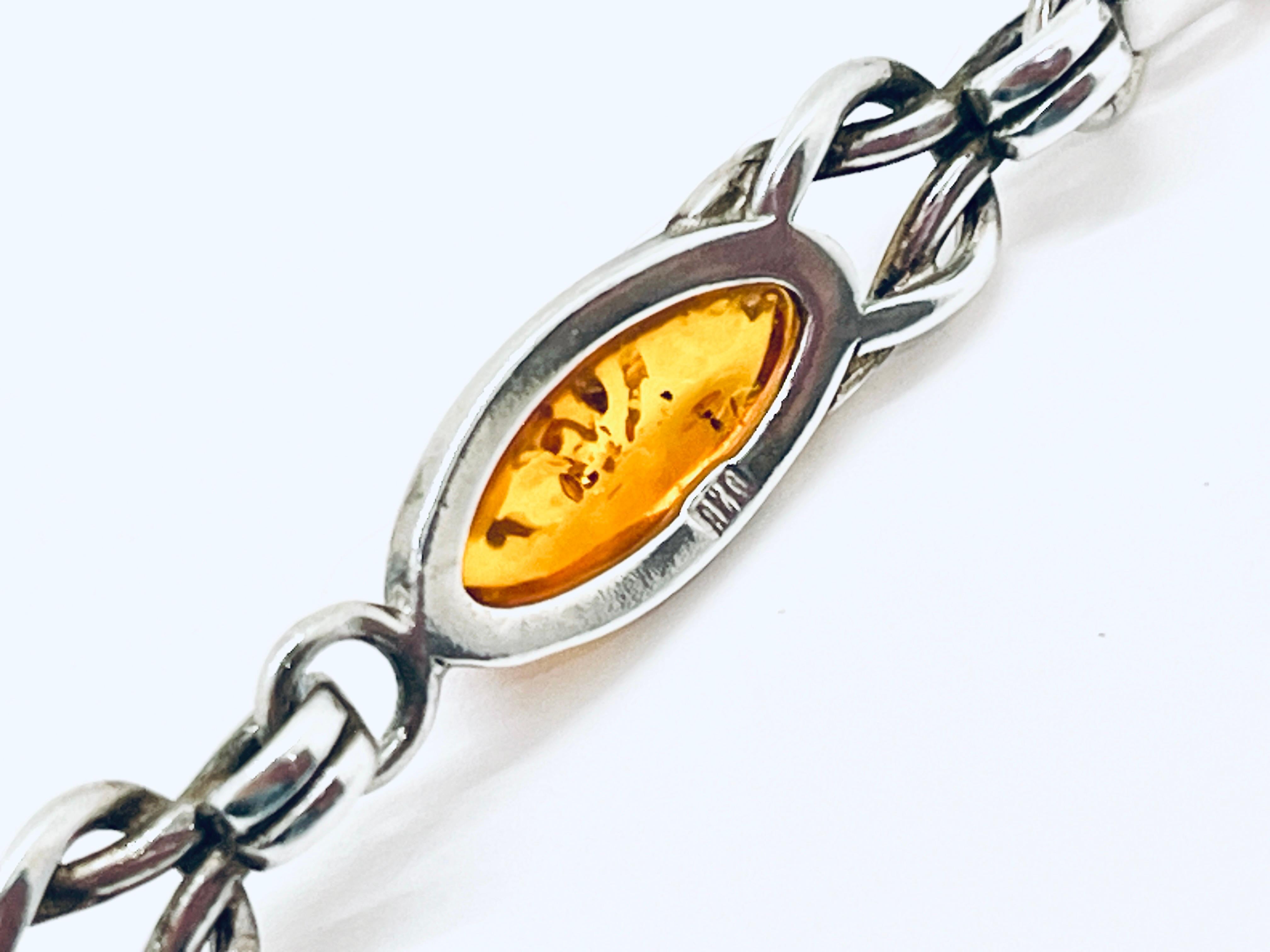 Baltic Amber Marquise Cabochon 925 Silver Link Bracelet  For Sale 2