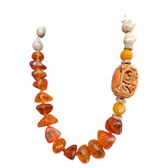 Vintage Baltic Amber, Chinese soapstone, Bakelite, baroque pearls necklace from Lorraine