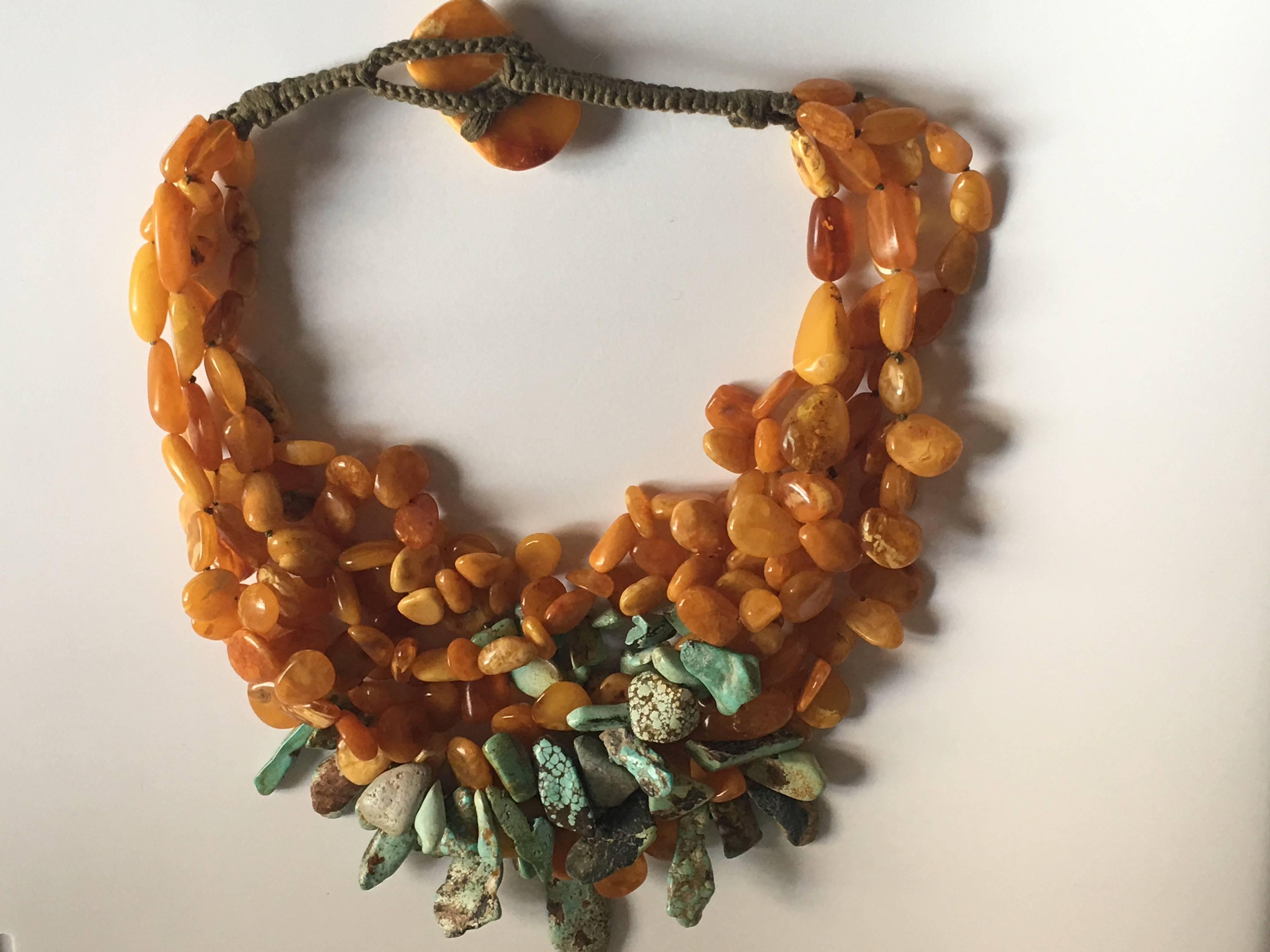 Baroque Revival Baltic Antiques Yellow Amber and Turquoise Minsk Necklace For Sale