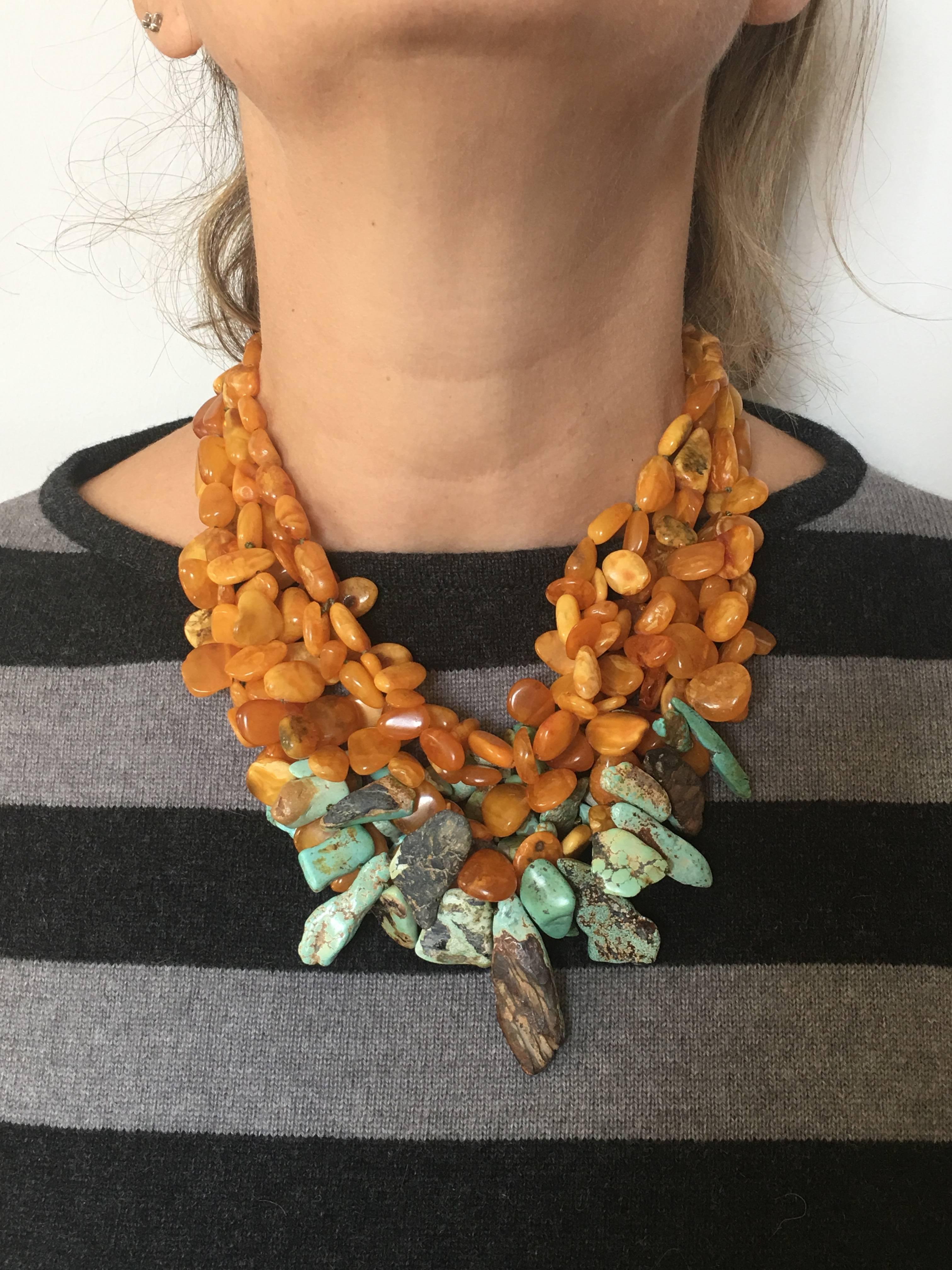 Women's or Men's Baltic Antiques Yellow Amber and Turquoise Minsk Necklace For Sale