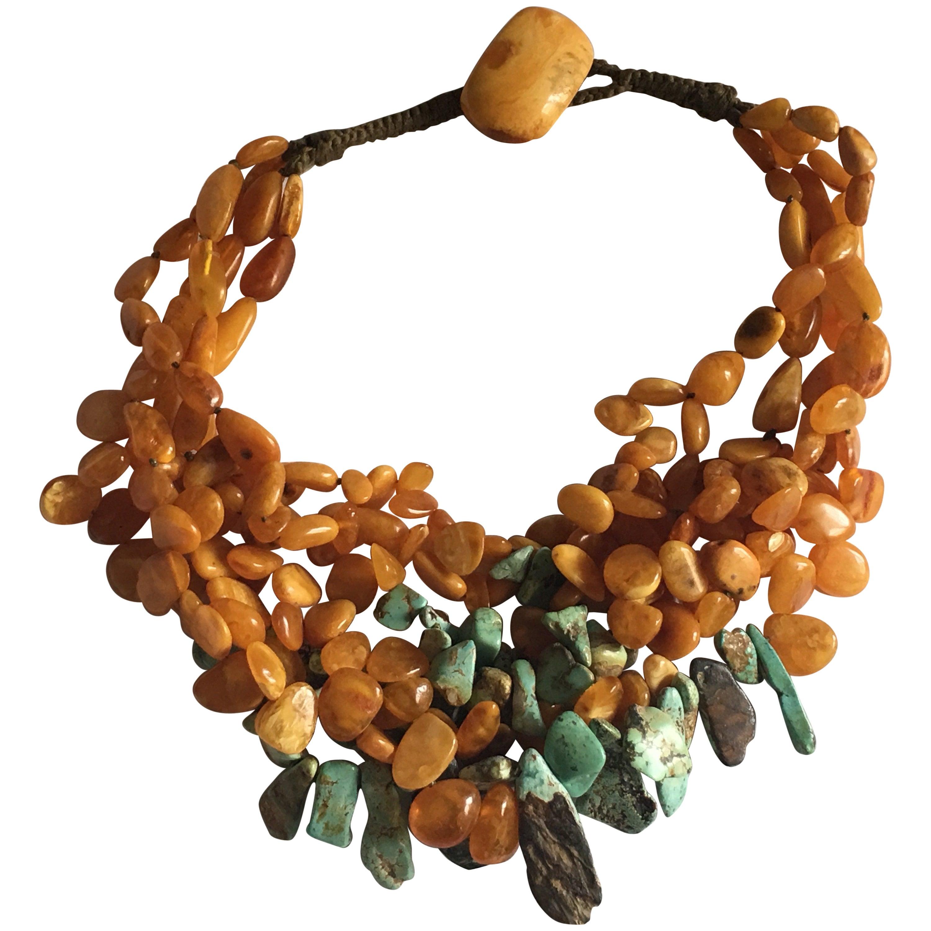 Baltic Antiques Yellow Amber and Turquoise Minsk Necklace