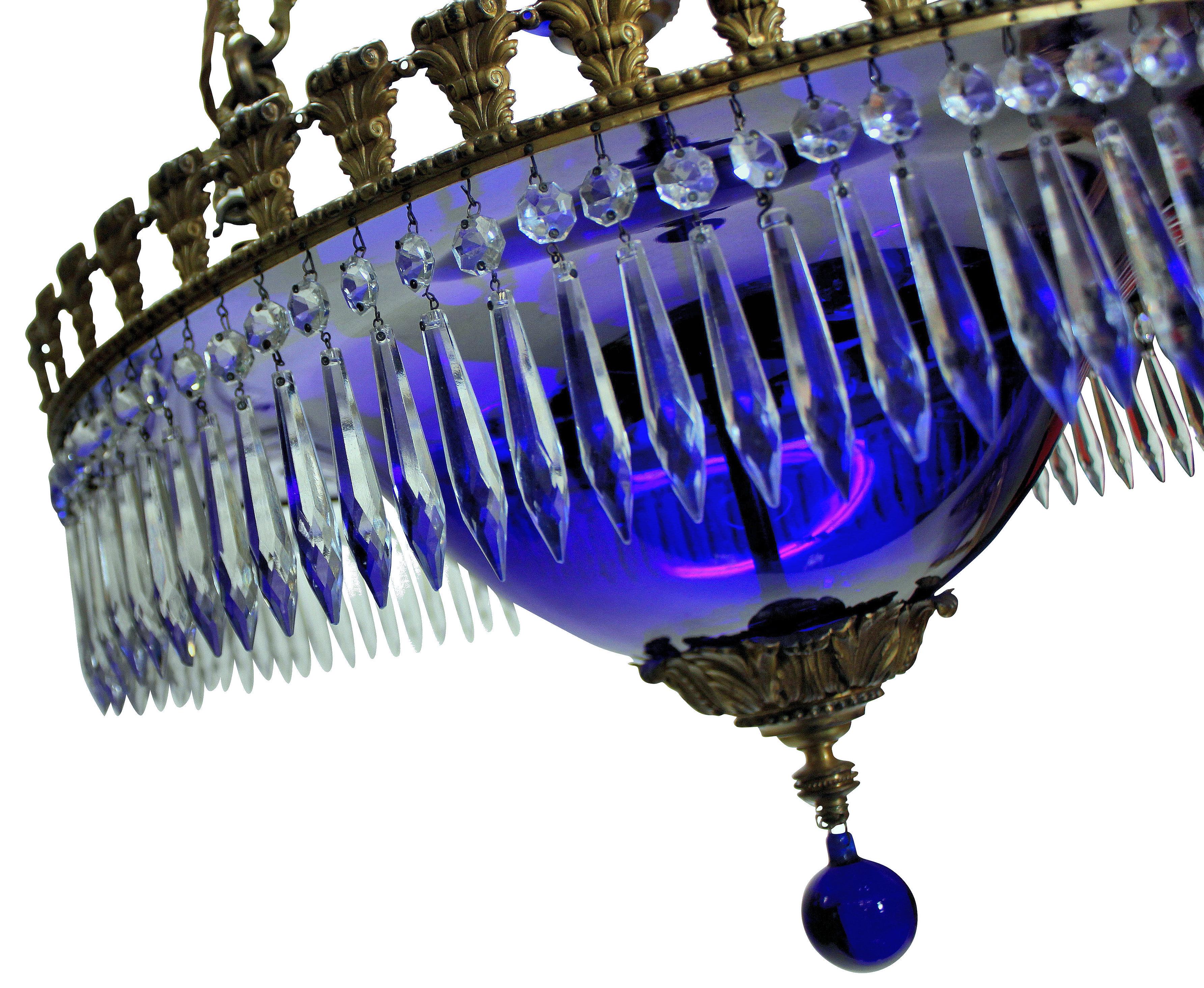 Swedish Baltic Blue Glass & Gilt Bronze Corona Chandelier For Sale