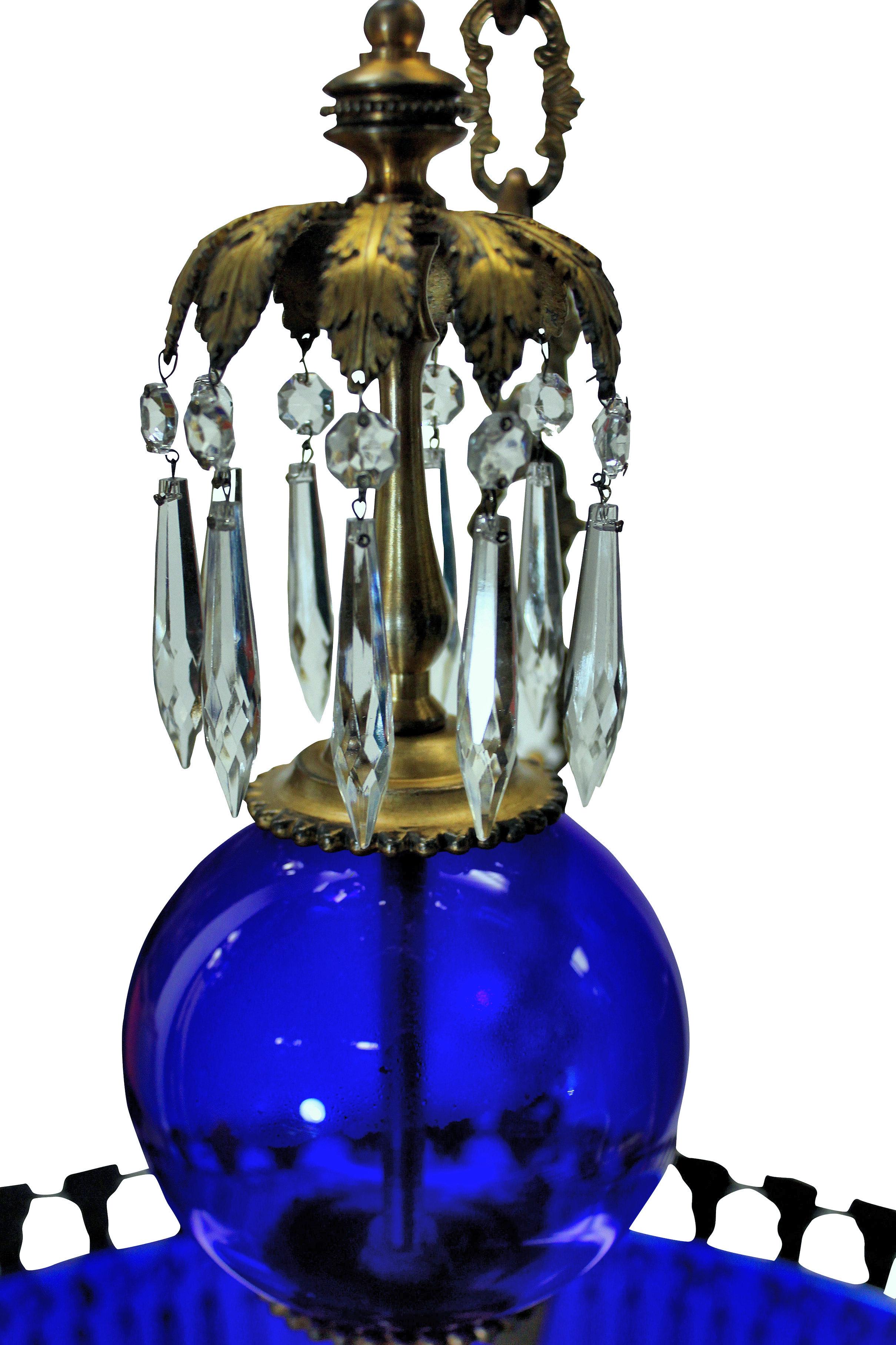 Baltic Blue Glass & Gilt Bronze Corona Chandelier In Good Condition For Sale In London, GB