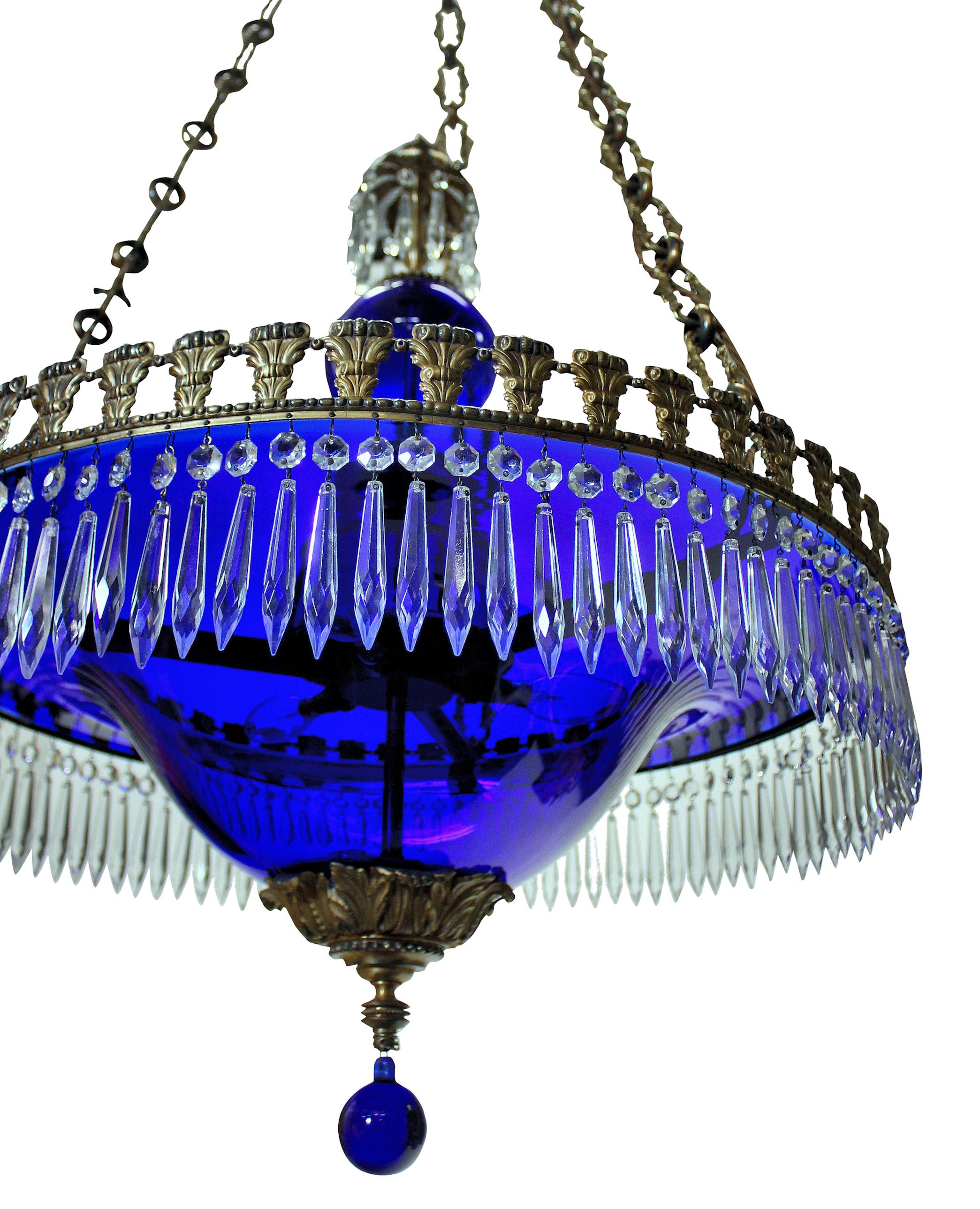 Mid-20th Century Baltic Blue Glass & Gilt Bronze Corona Chandelier For Sale