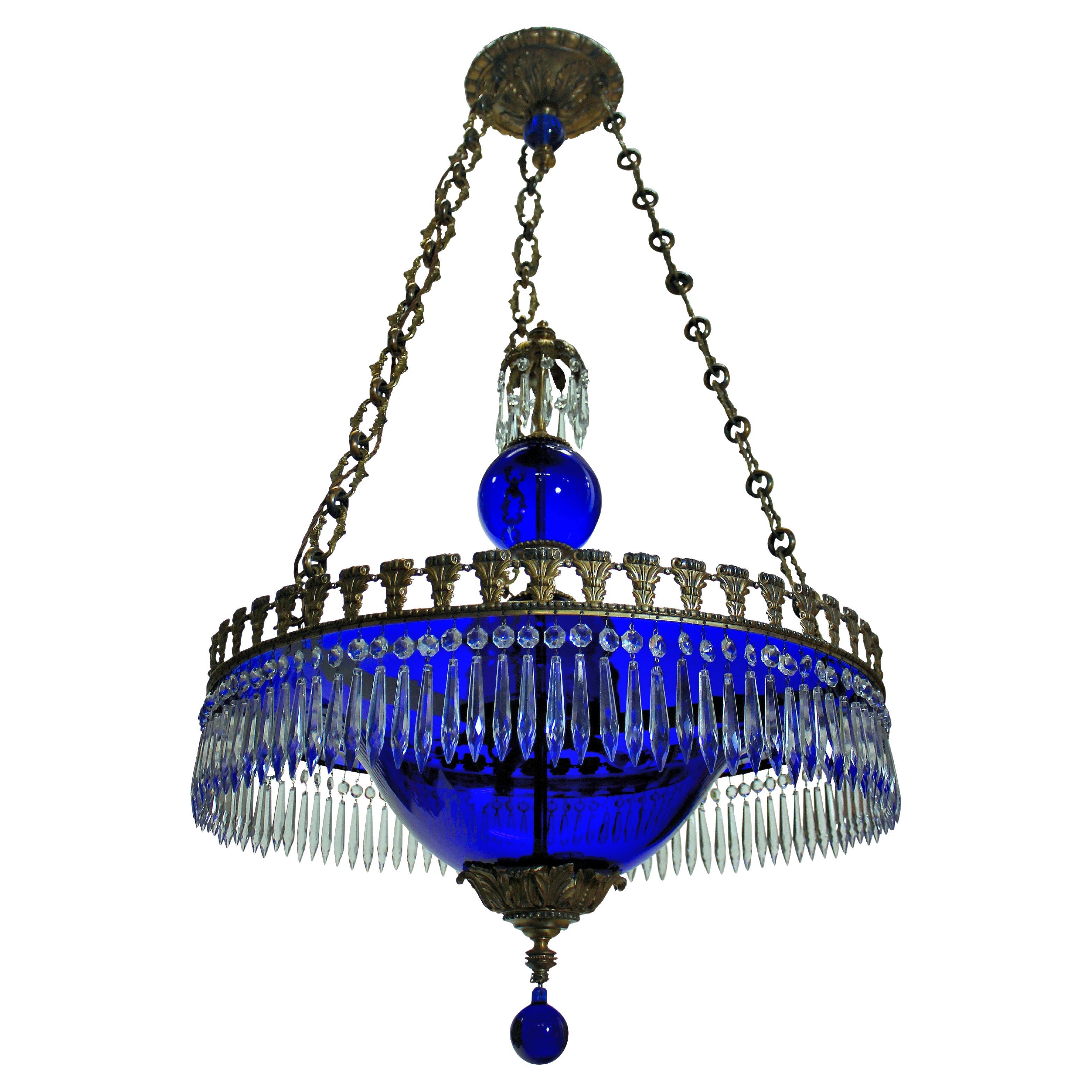 Baltic Blue Glass & Gilt Bronze Corona Chandelier For Sale