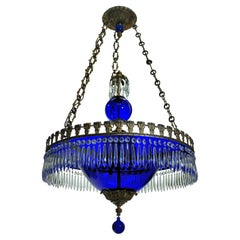 Vintage Baltic Blue Glass & Gilt Bronze Corona Chandelier