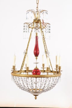 Baltic Brass & Crystal Basket 8 Light Chandelier with Center Red Blown Glass