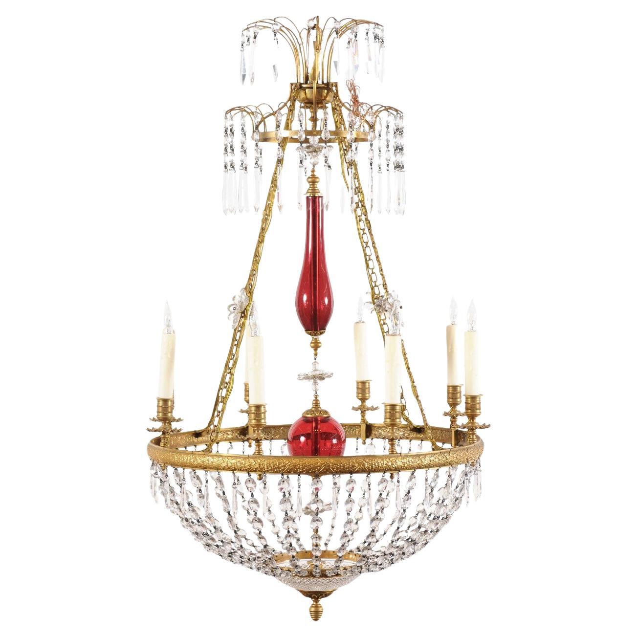 Baltic Brass & Crystal Basket 8 Light Chandelier with Center Red Blown Glass