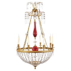 Antique Baltic Brass & Crystal Basket 8 Light Chandelier with Center Red Blown Glass