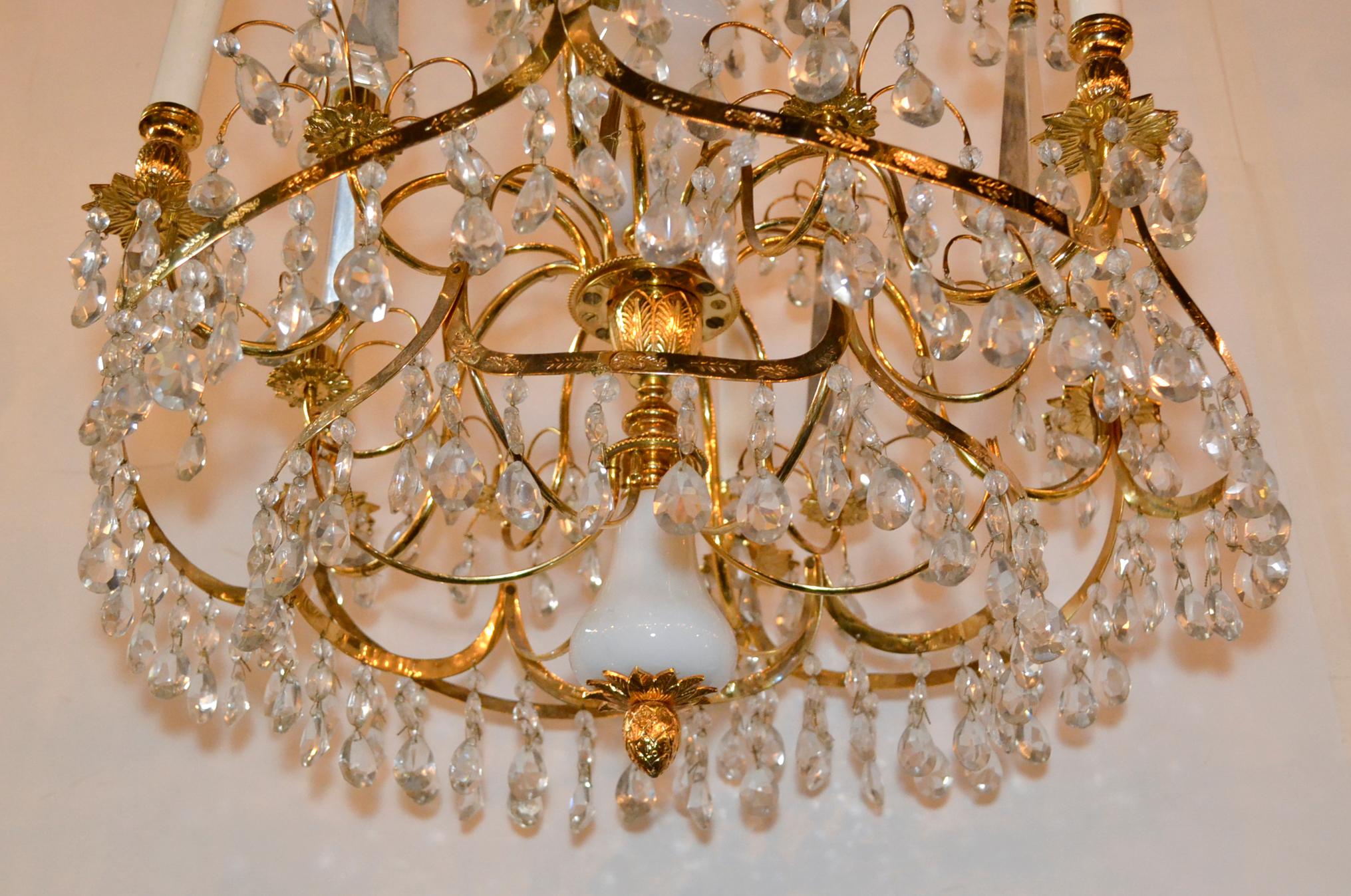 Fine antique Baltic gilt brass and milk glass six-light chandelier.