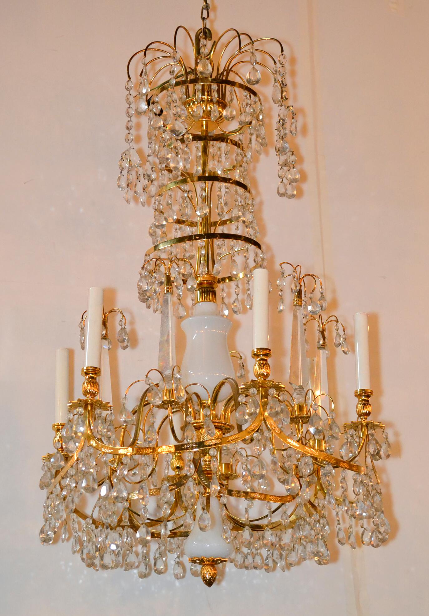 Gilt Baltic Brass and Milk Glass Chandelier For Sale